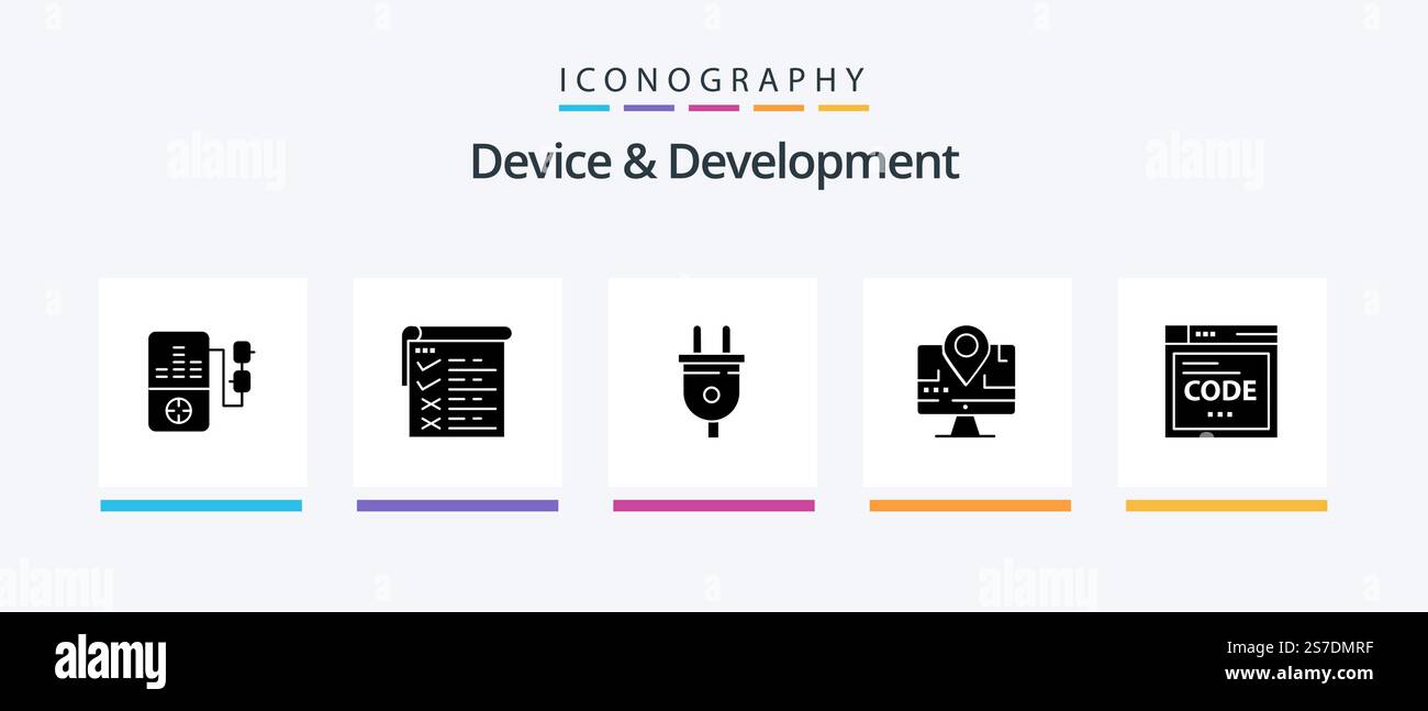 Device And Development Glyph 5 Icon Pack Including code . browser. plug. education. map. Creative Icons Design Stock Vector