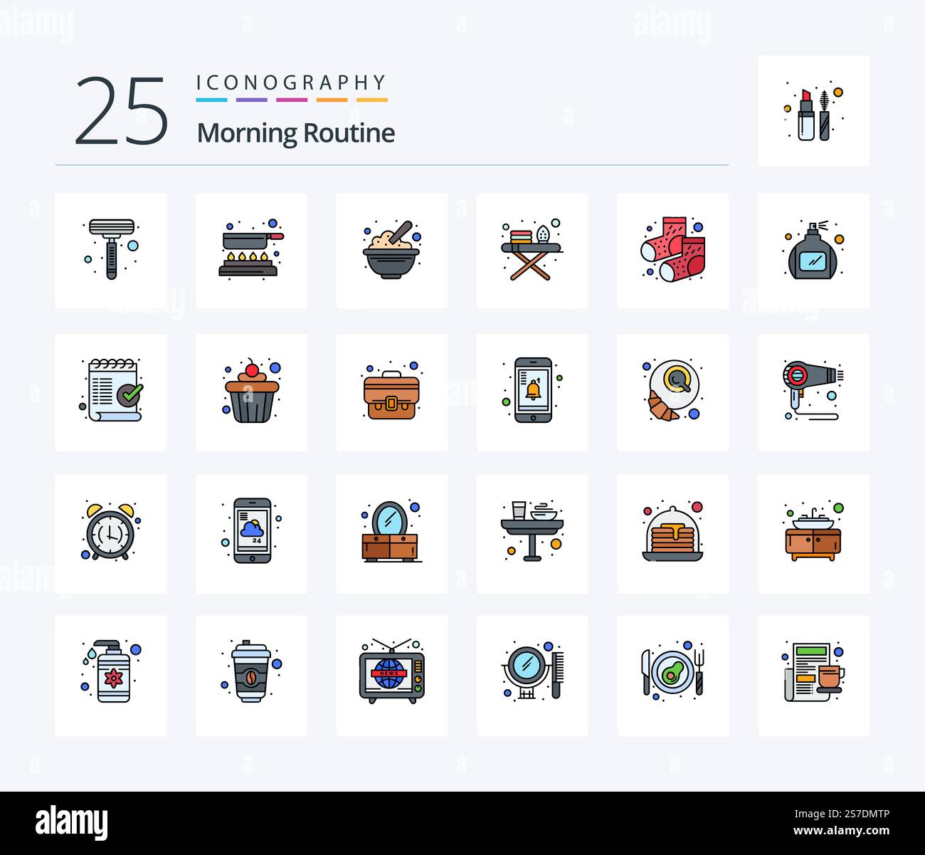 Morning Routine 25 Line Filled icon pack including socks. dots. cereals ...