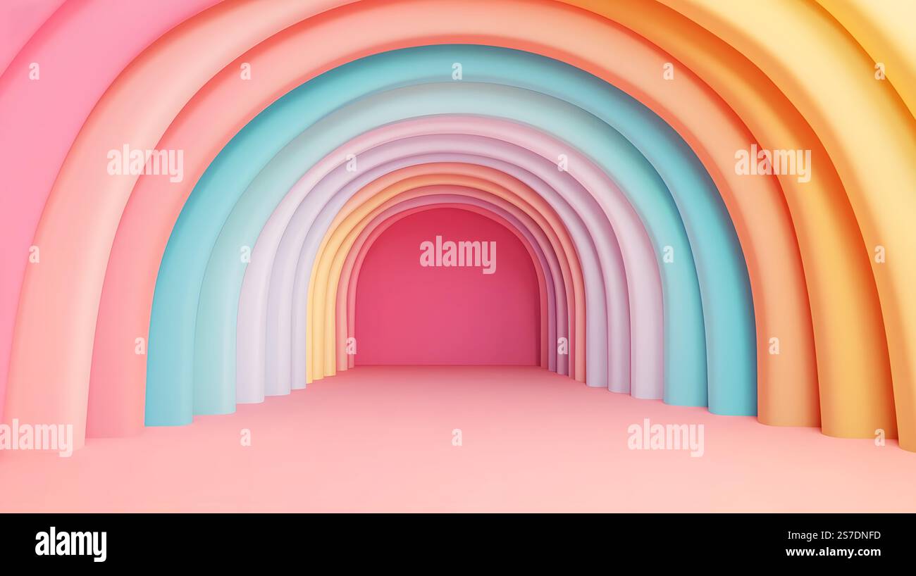 Surreal rainbow arcs design on a pastel color gradient horizon with a ...