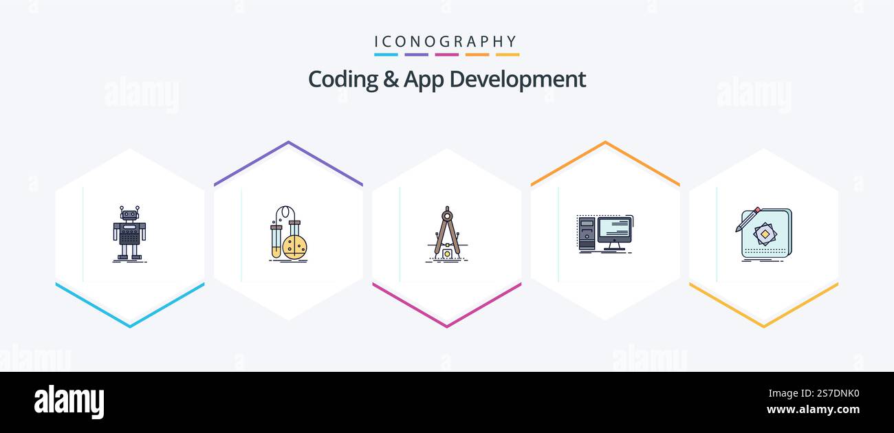 Coding And App Development 25 FilledLine icon pack including desktop. development. lab. refinement. measure Stock Vector