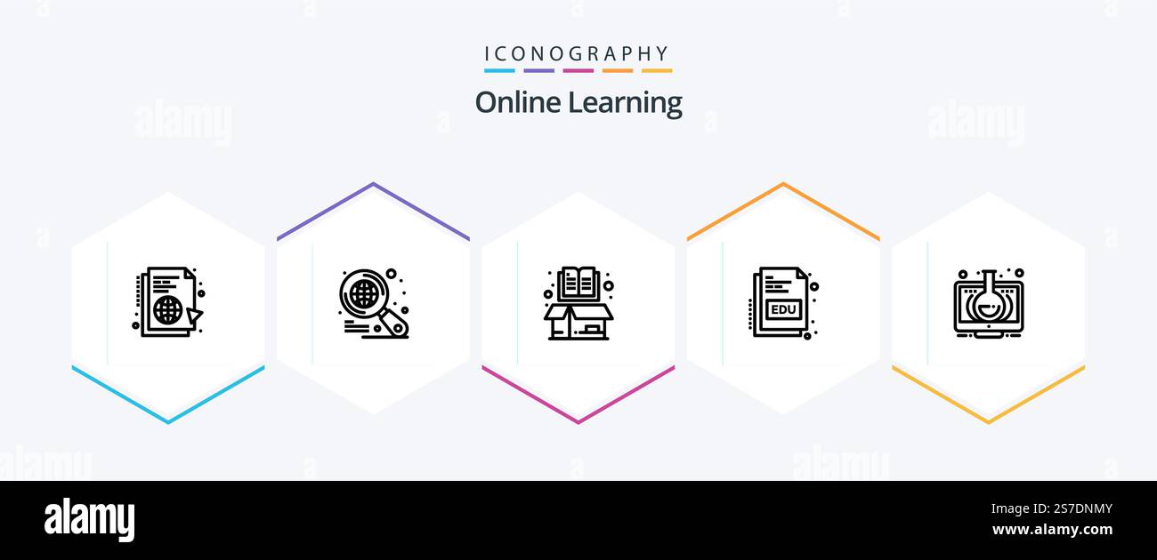 Online Learning 25 Line icon pack including elearning. education. book. educate. open Stock Vector