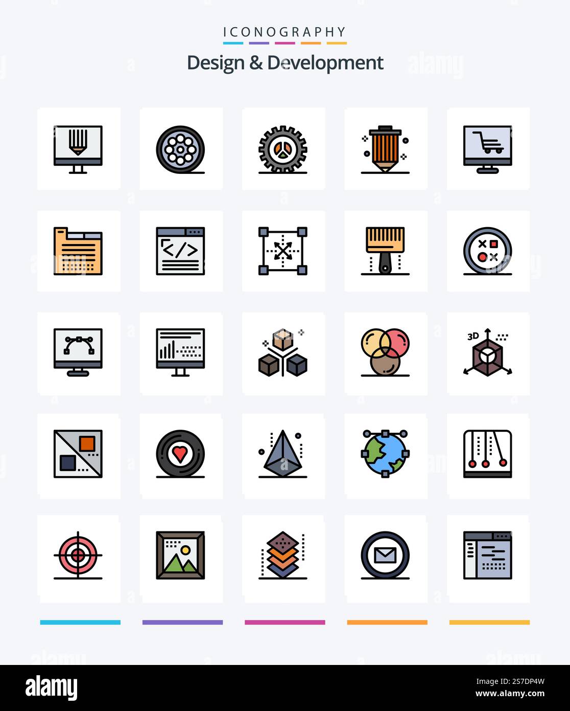 Creative Design & Development 25 Line FIlled icon pack  Such As pencil. design. web. coding. web design Stock Vector