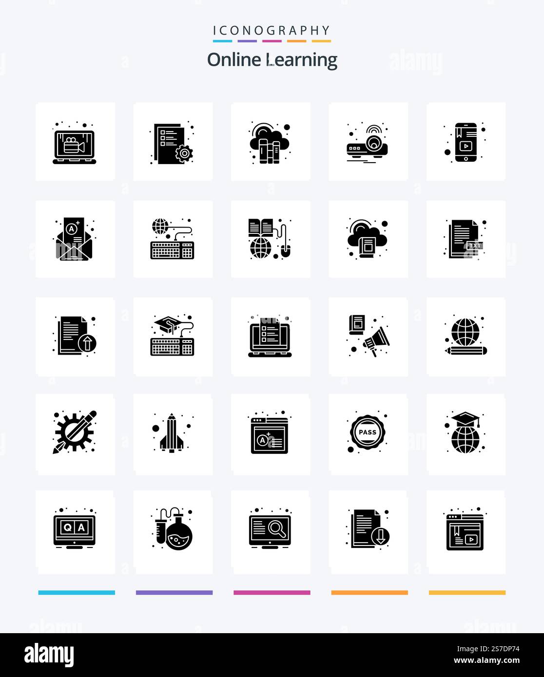 Creative Online Learning 25 Glyph Solid Black icon pack  Such As learning. light. digital. projector. device Stock Vector