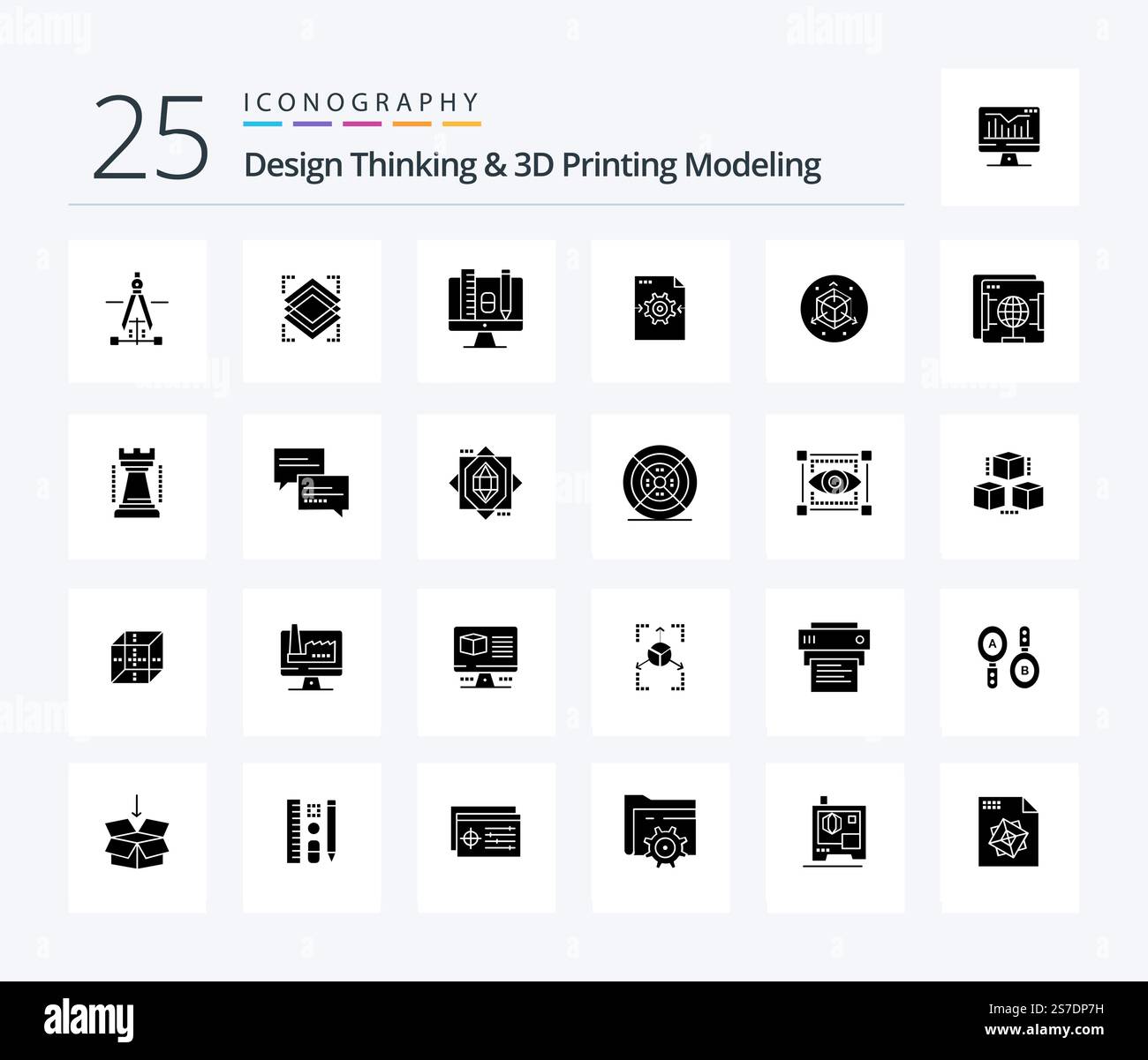 Design Thinking And D Printing Modeling 25 Solid Glyph icon pack including modification. arrow. computer. setting. file Stock Vector