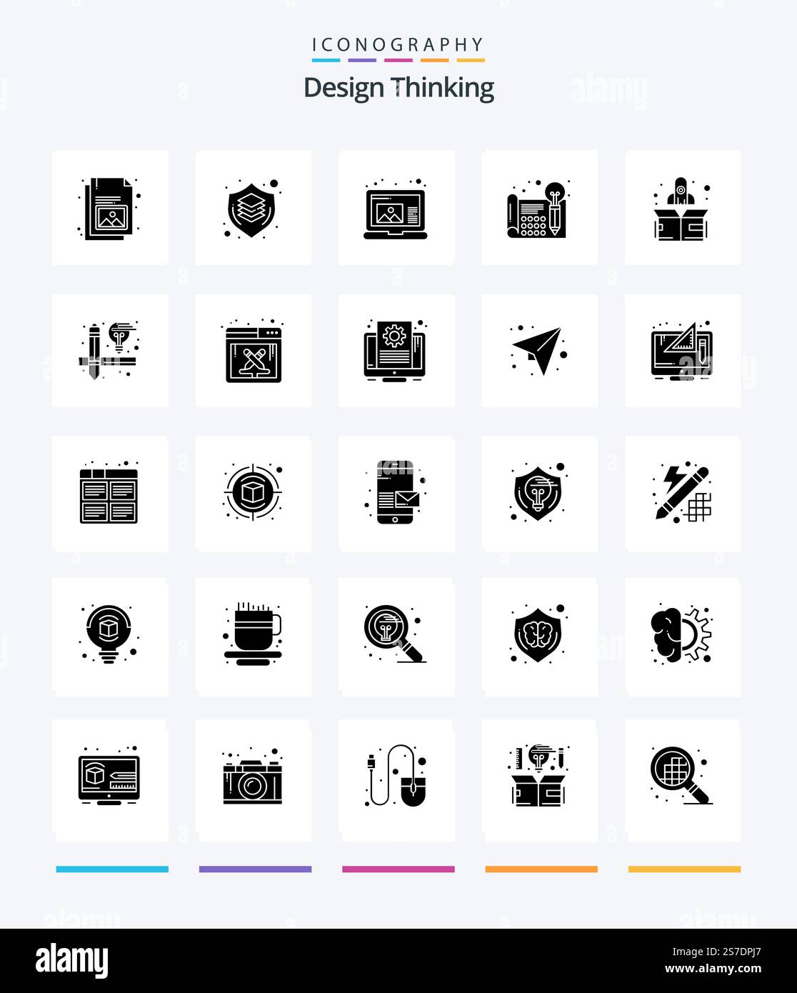 Creative Design Thinking 25 Glyph Solid Black icon pack  Such As rocket. processa. thinking. idea. creative Stock Vector