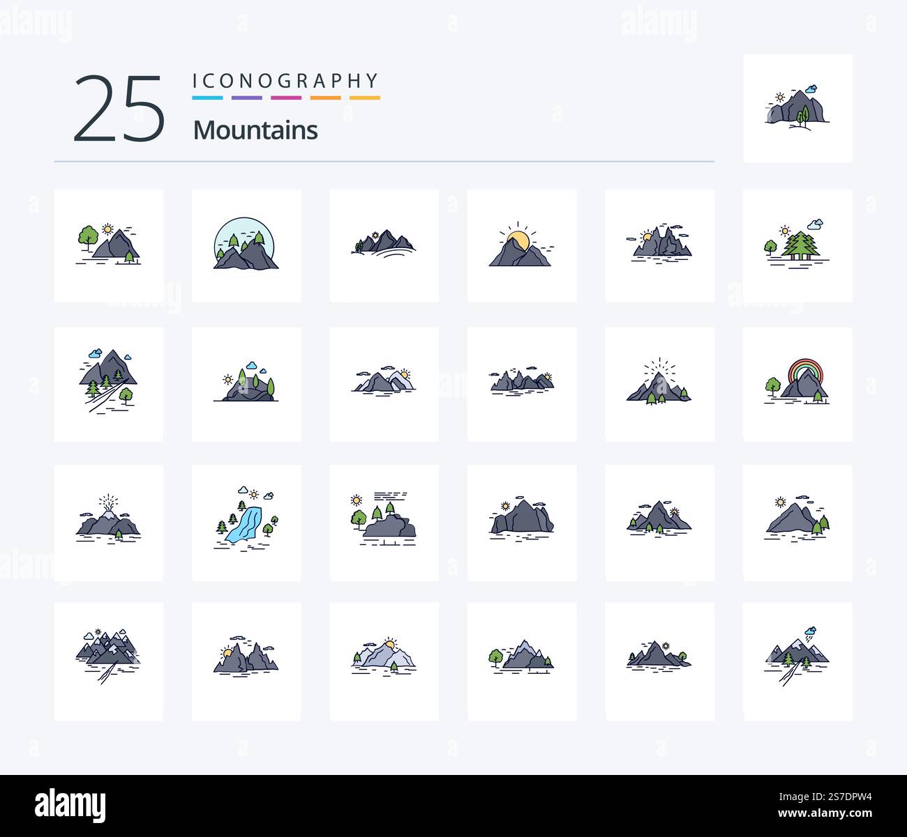 Mountains 25 Line Filled icon pack including tree. clouds. mountain ...