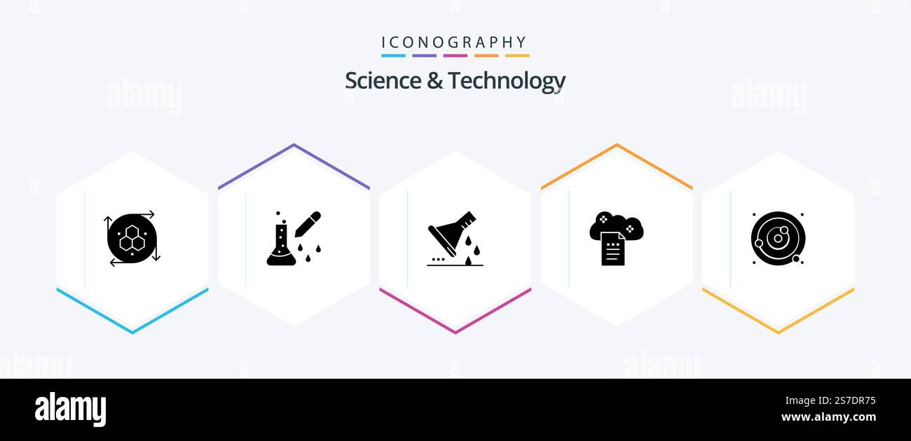 Science And Technology 25 Glyph icon pack including online docs. digital storage. scientific research. cloud reporting. sample flask Stock Vector