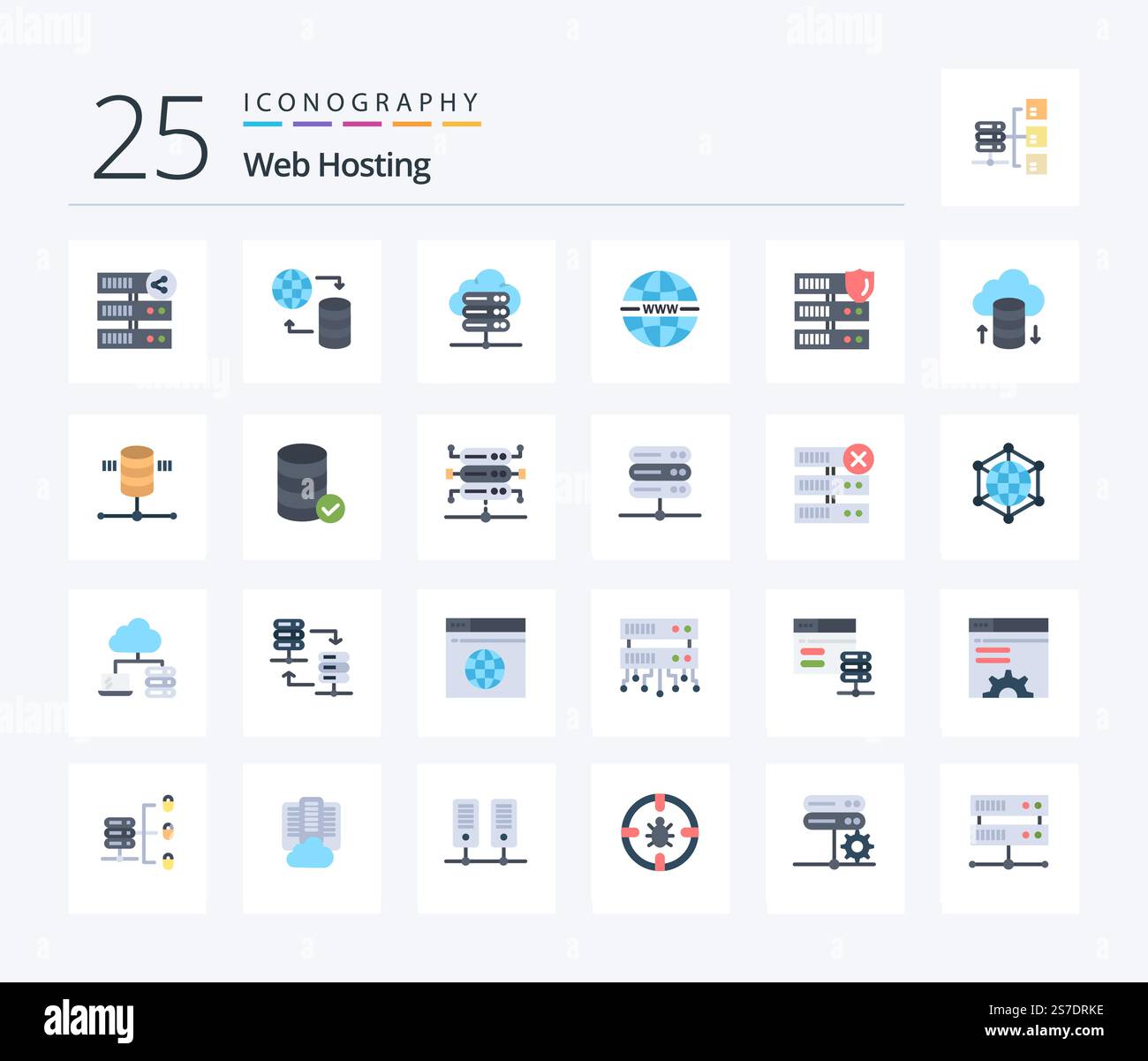 Web Hosting 25 Flat Color icon pack including network. web. web. system. internet Stock Vector
