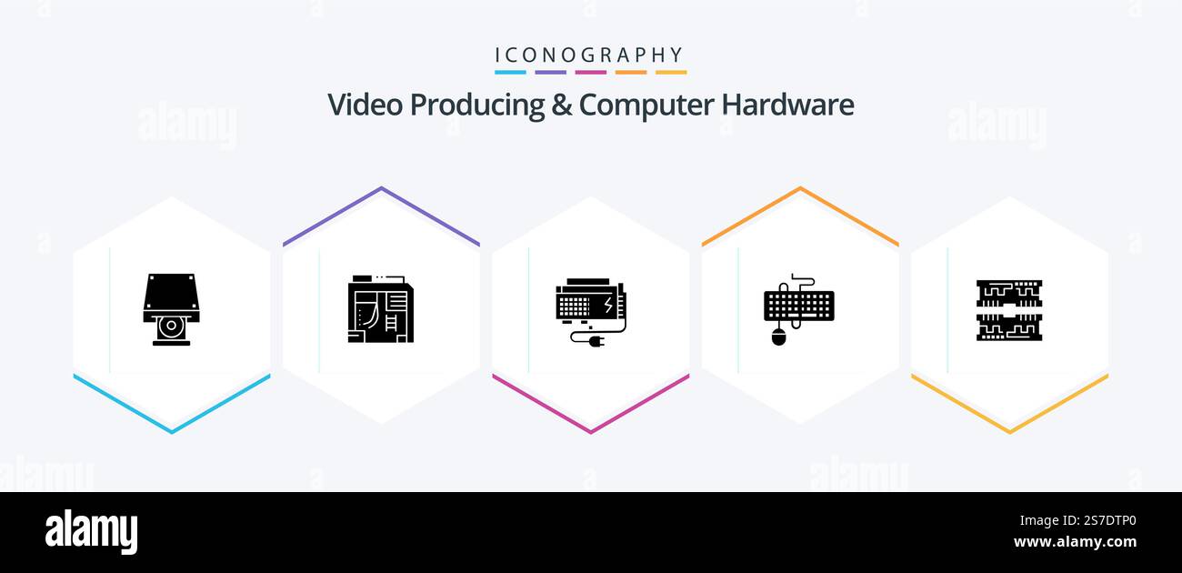 Video Producing And Computer Hardware 25 Glyph icon pack including obsolete. keyboard. apc. interface. source Stock Vector