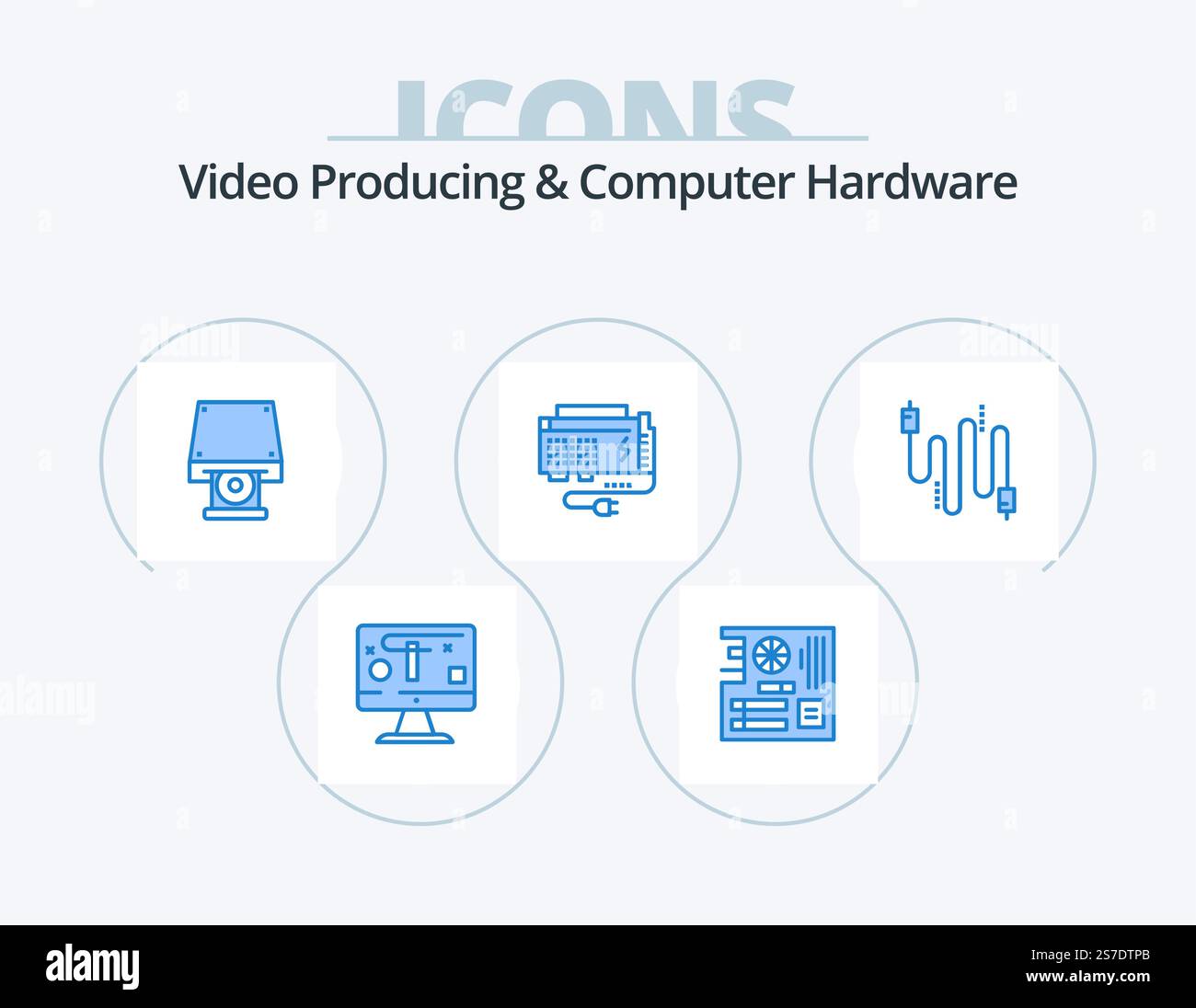 Video Producing And Computer Hardware Blue Icon Pack 5 Icon Design. source. computer. mother. battery. disk rom Stock Vector