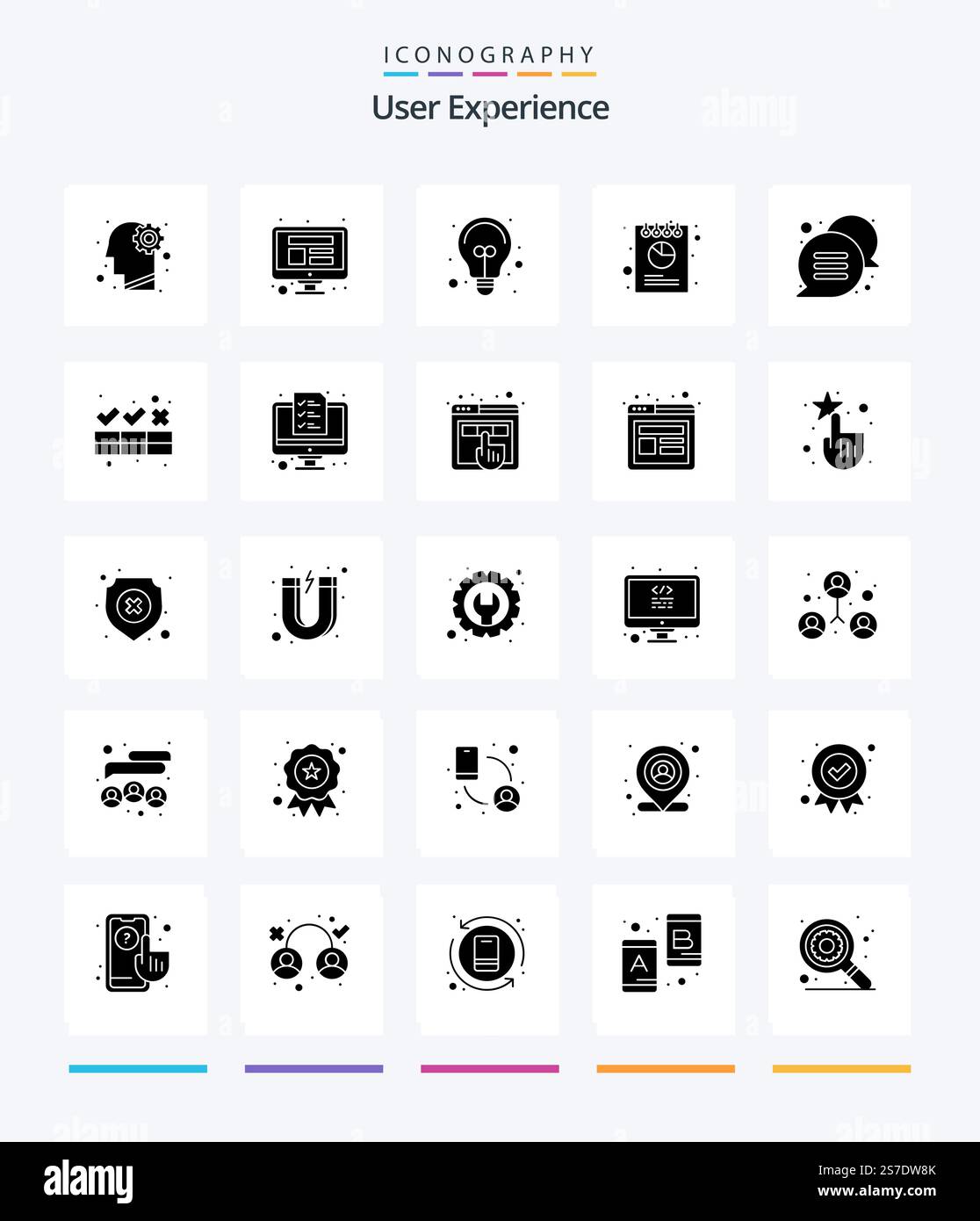 Creative User Experience 25 Glyph Solid Black icon pack  Such As bubble. chat. bulb. pie. chart Stock Vector