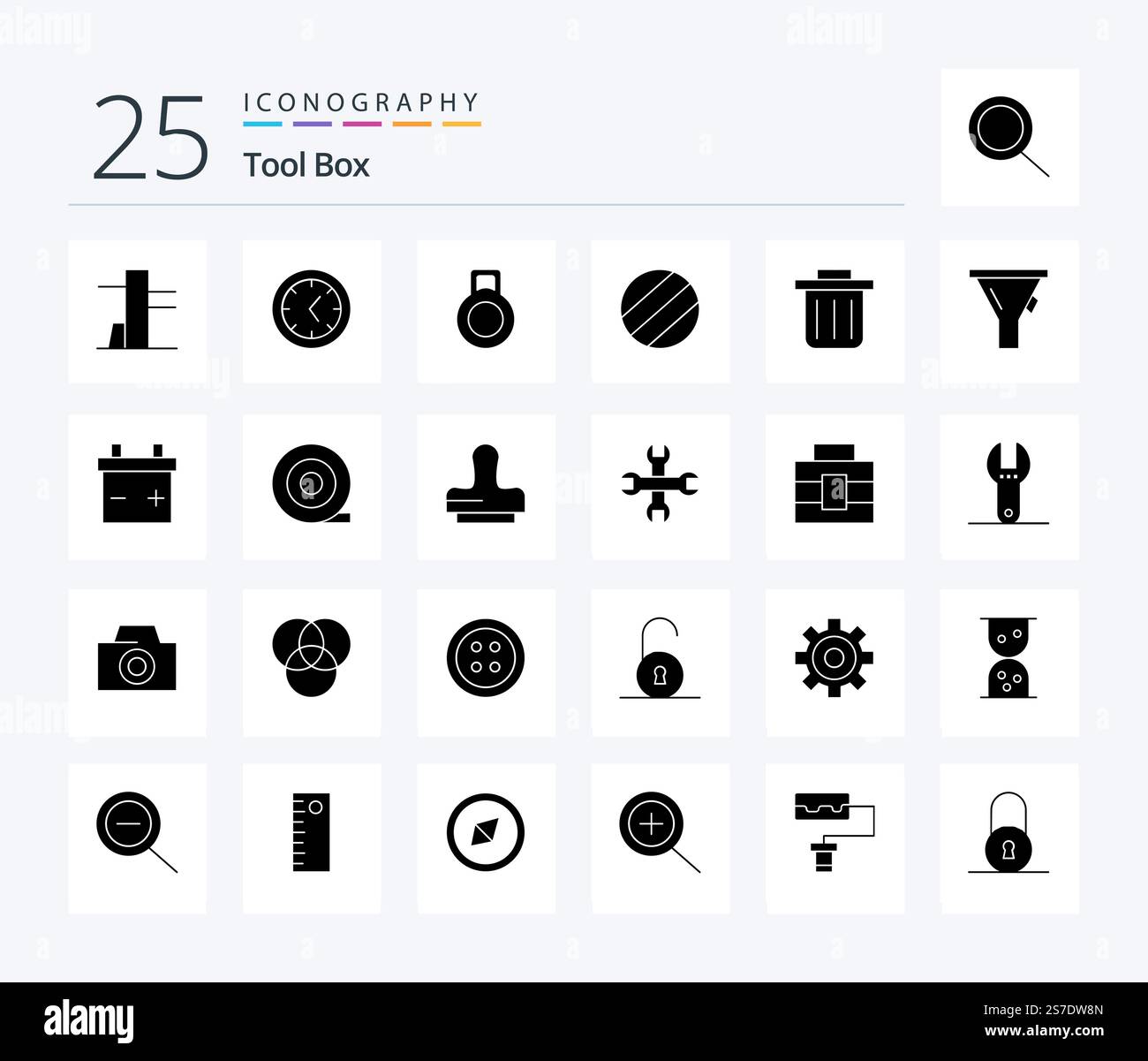 Tools 25 Solid Glyph icon pack including briefcase. tool. tool. options. press Stock Vector