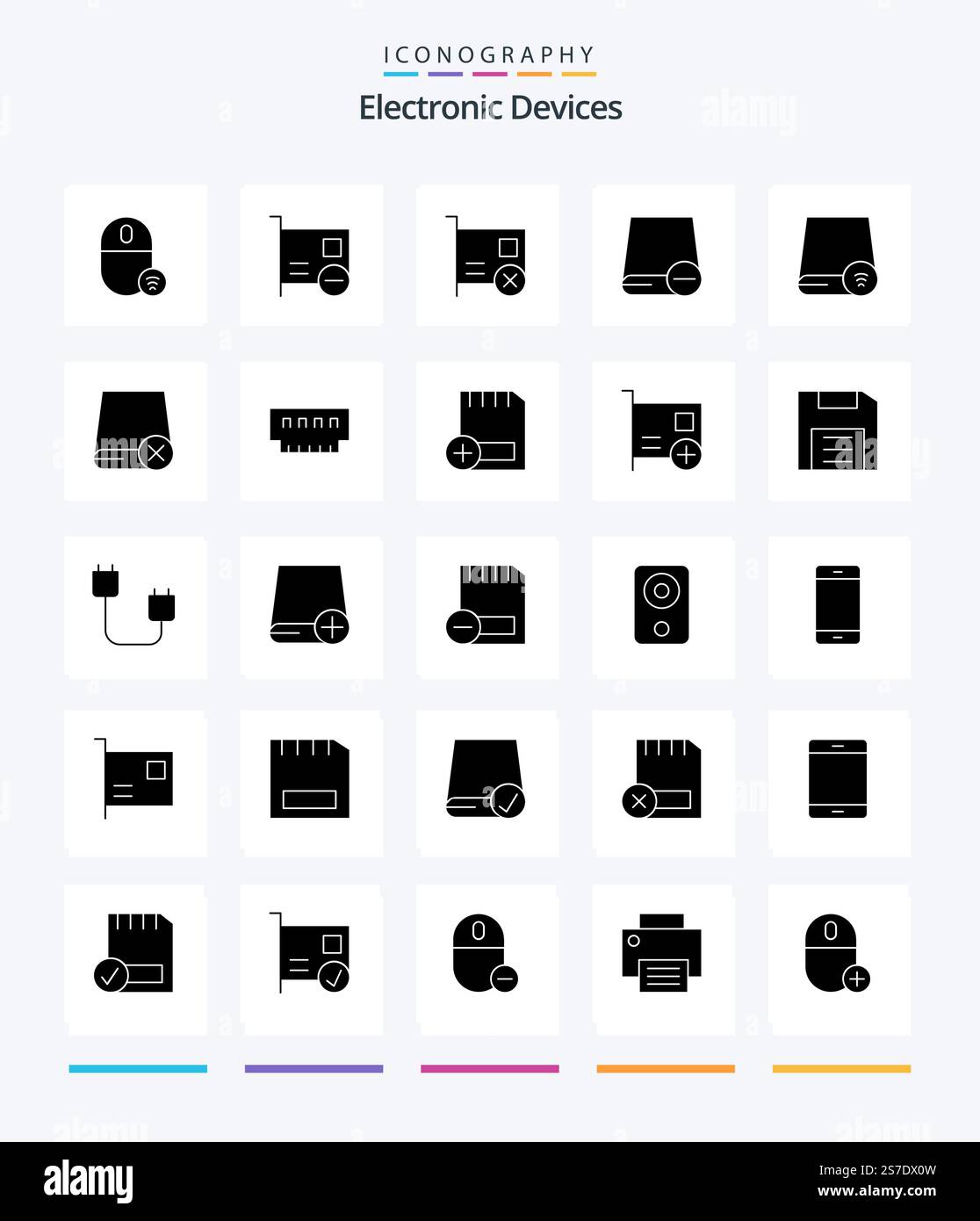 Creative Devices 25 Glyph Solid Black icon pack  Such As gadget. computers. hardware. hardware. drive Stock Vector