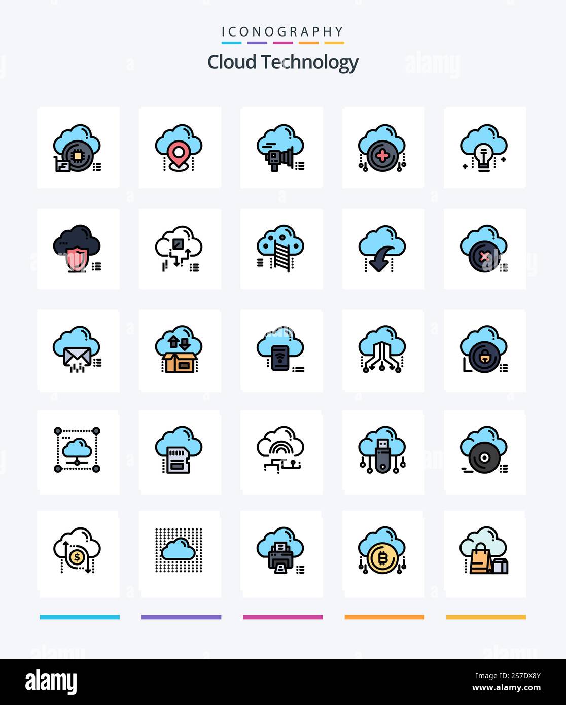 Creative Cloud Technology 25 Line FIlled icon pack  Such As plus. add. gps. cloud. cloud Stock Vector