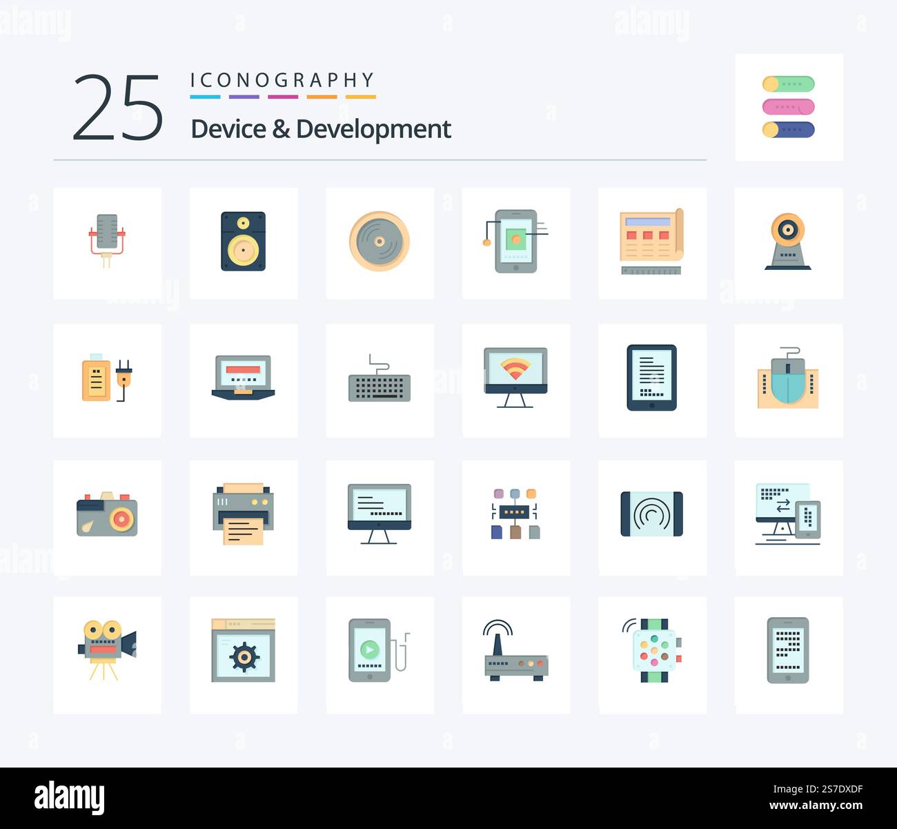 Device And Development 25 Flat Color icon pack including blue. network. cd . hardware. mobile Stock Vector