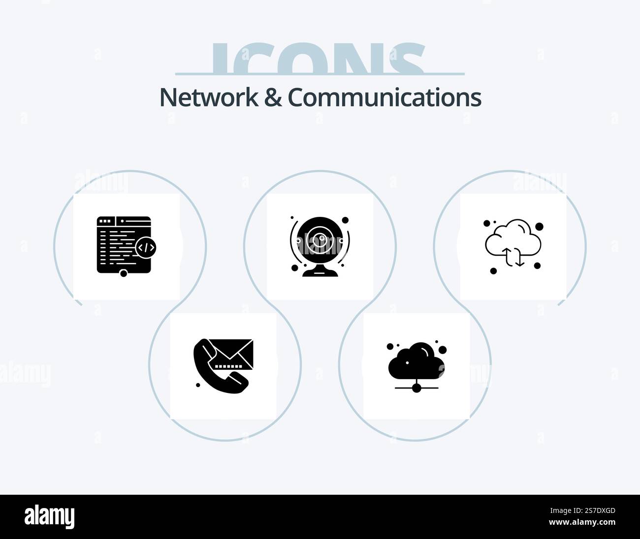 Network And Communications Glyph Icon Pack 5 Icon Design. computer. camera. online. cam. window Stock Vector