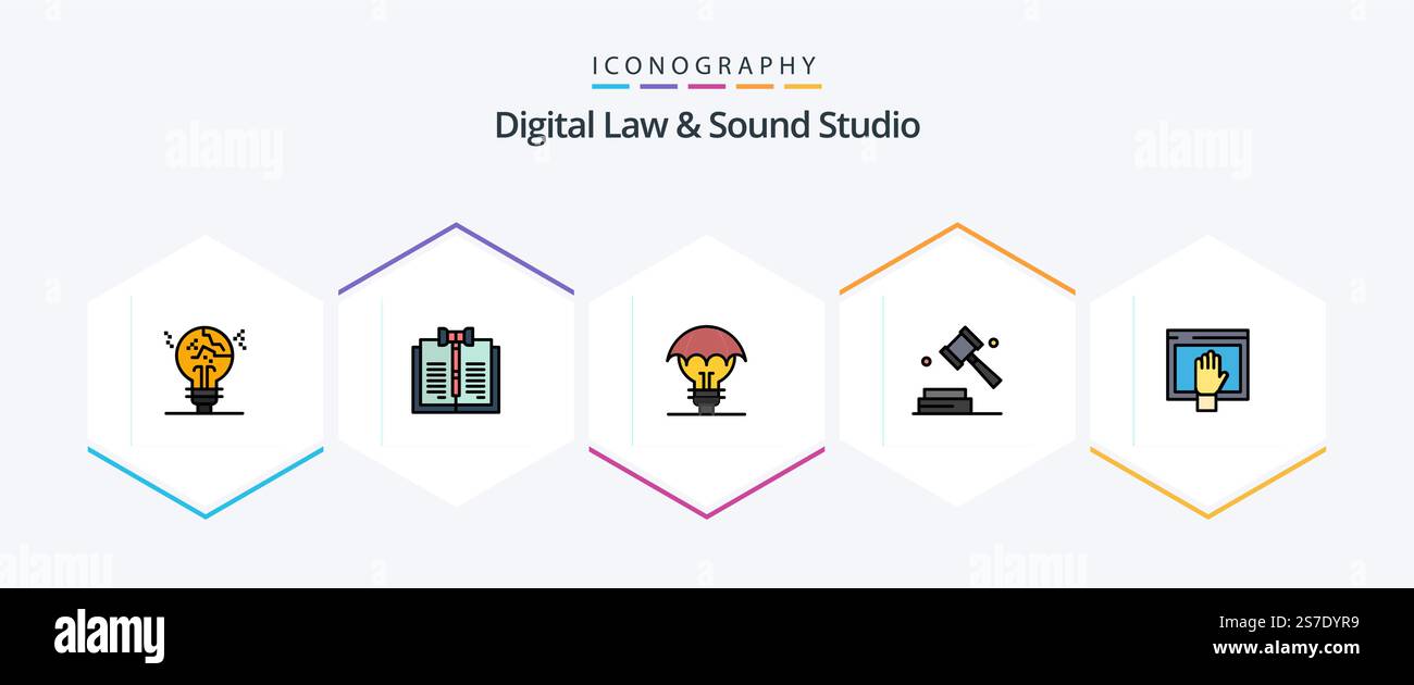 Digital Law And Sound Studio 25 FilledLine icon pack including digital. business. law. patent. defence Stock Vector