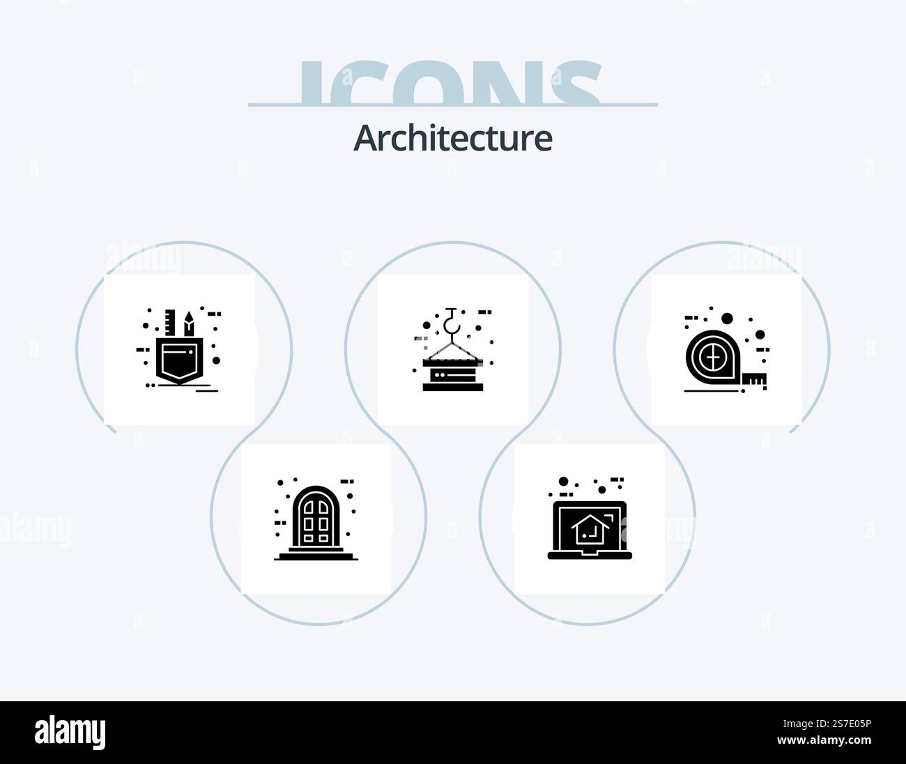 Architecture Glyph Icon Pack 5 Icon Design. measuring. rope. patch. lifting. crane Stock Vector