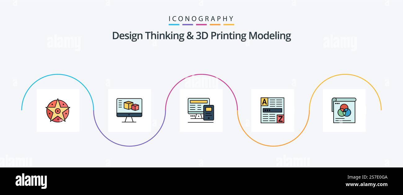 Design Thinking And D Printing Modeling Line Filled Flat 5 Icon Pack ...