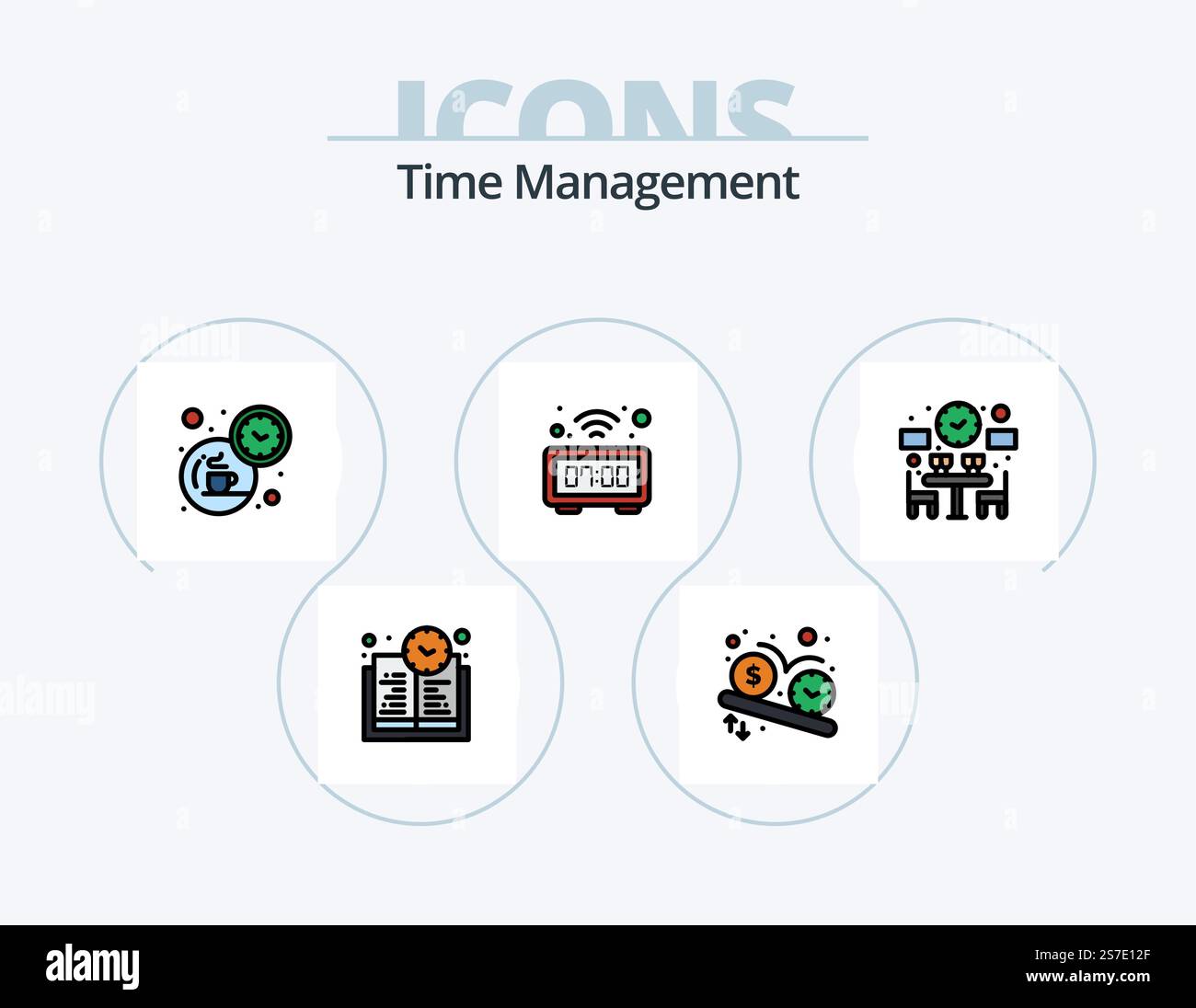 Time Management Line Filled Icon Pack 5 Icon Design. delivery. targeting. clock. location. timer Stock Vector