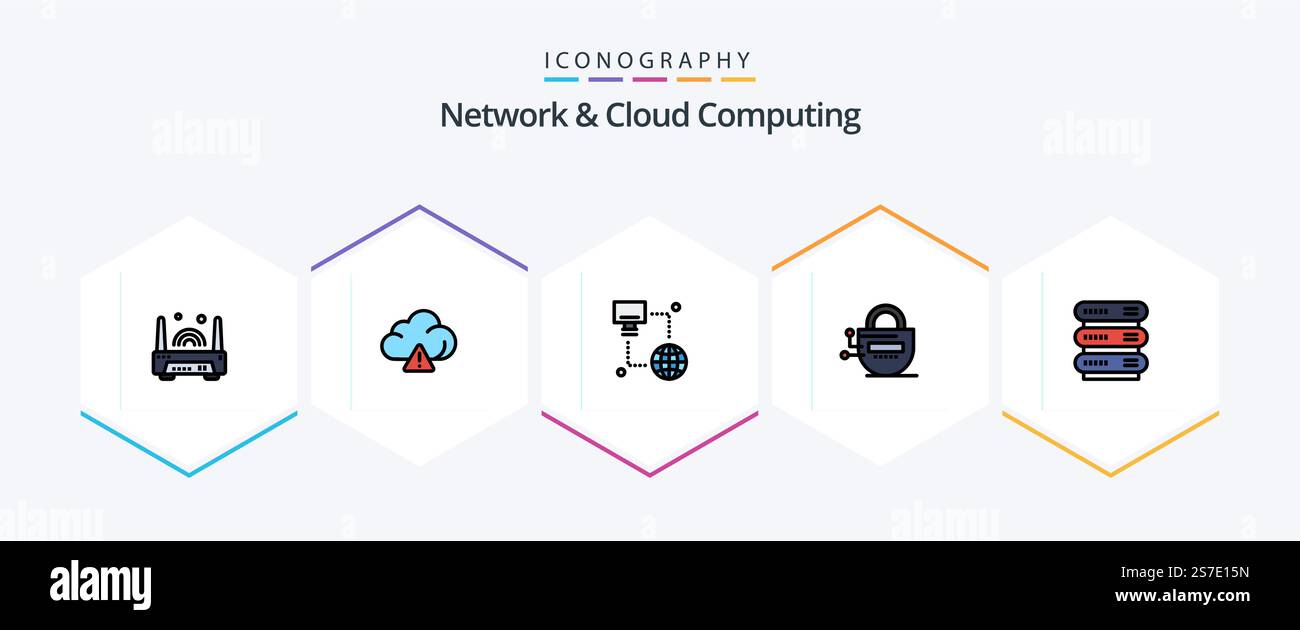 Network And Cloud Computing 25 FilledLine icon pack including network. computing. technology. passward. locked Stock Vector