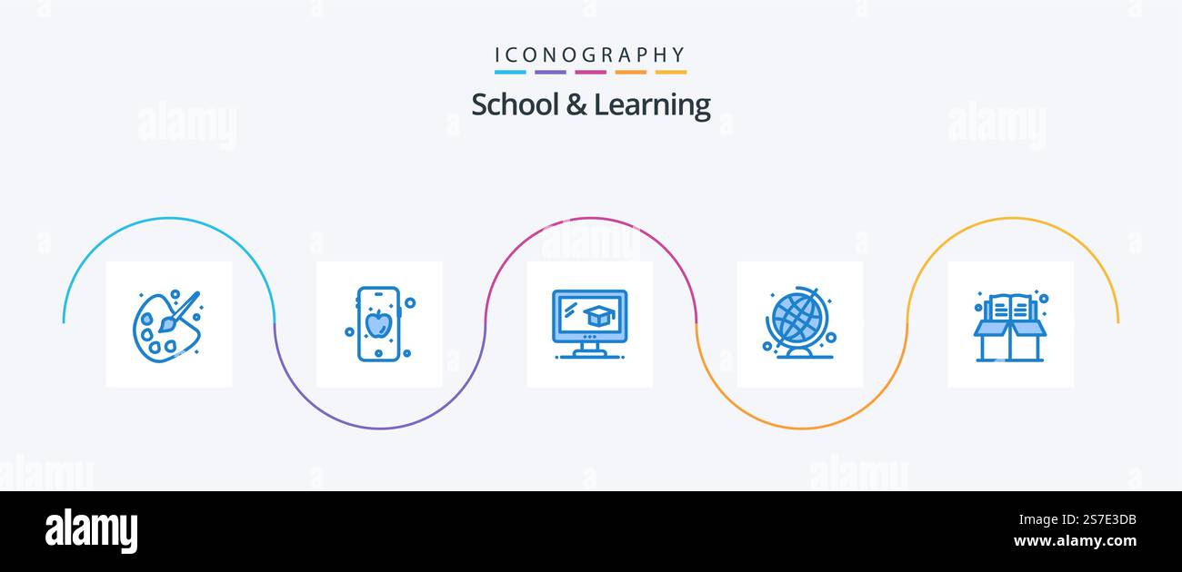 School And Learning Blue 5 Icon Pack Including . education. cap. bookmark. globe Stock Vector
