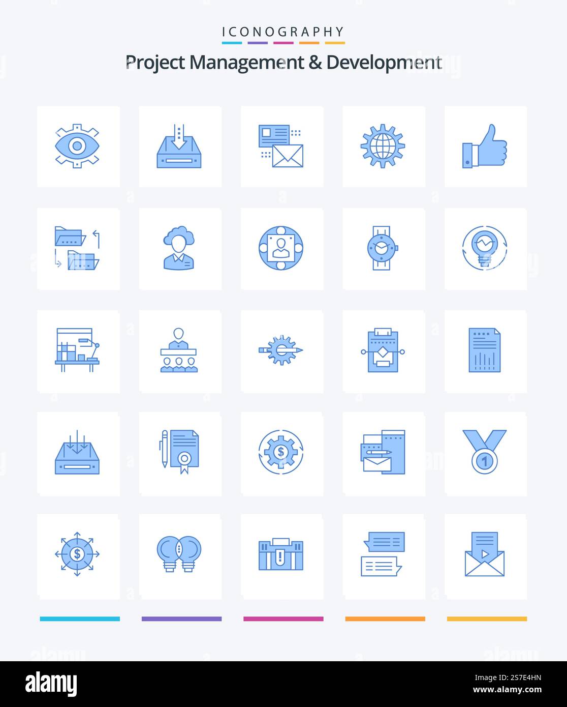 Creative Project Management And Development 25 Blue icon pack  Such As list. conversation. box. mailing. project Stock Vector