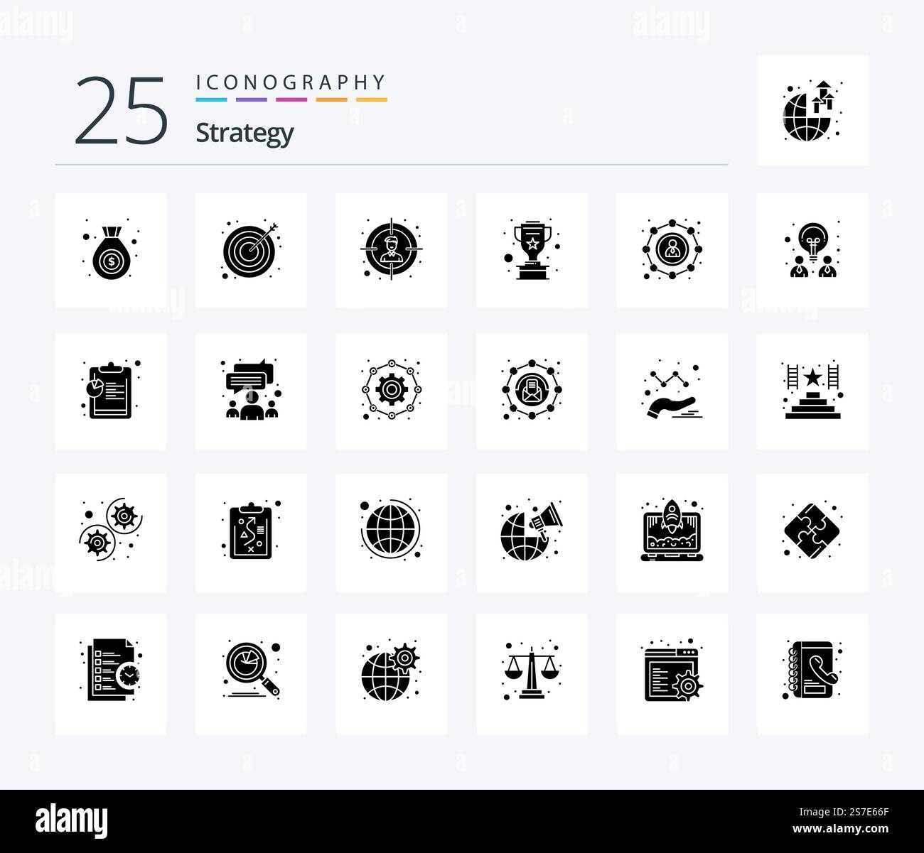 Strategy 25 Solid Glyph icon pack including user. seo. target. affiliate. silver Stock Vector