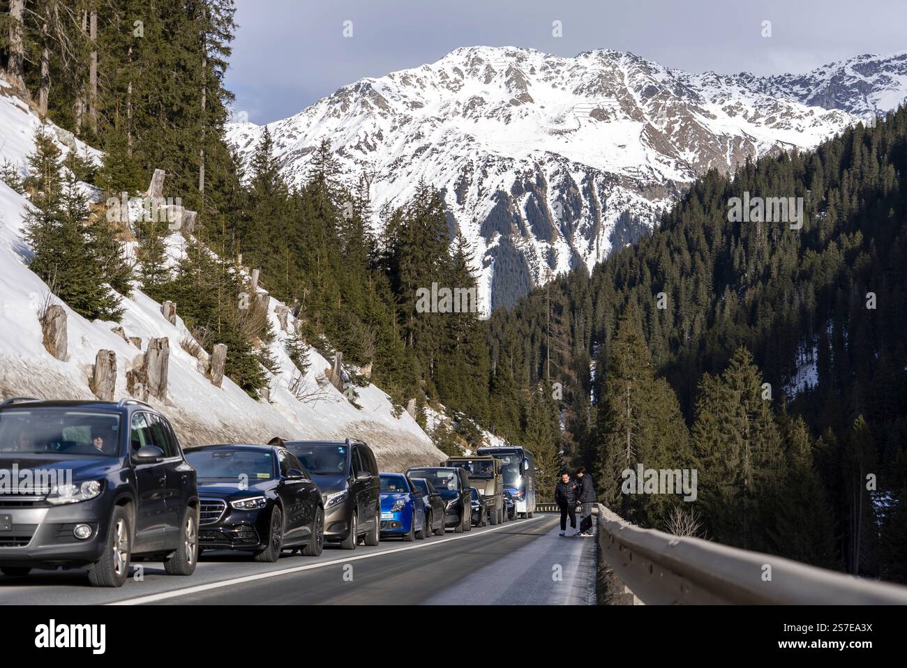 Vehicles jam up on the road to Davos during a blockade by the