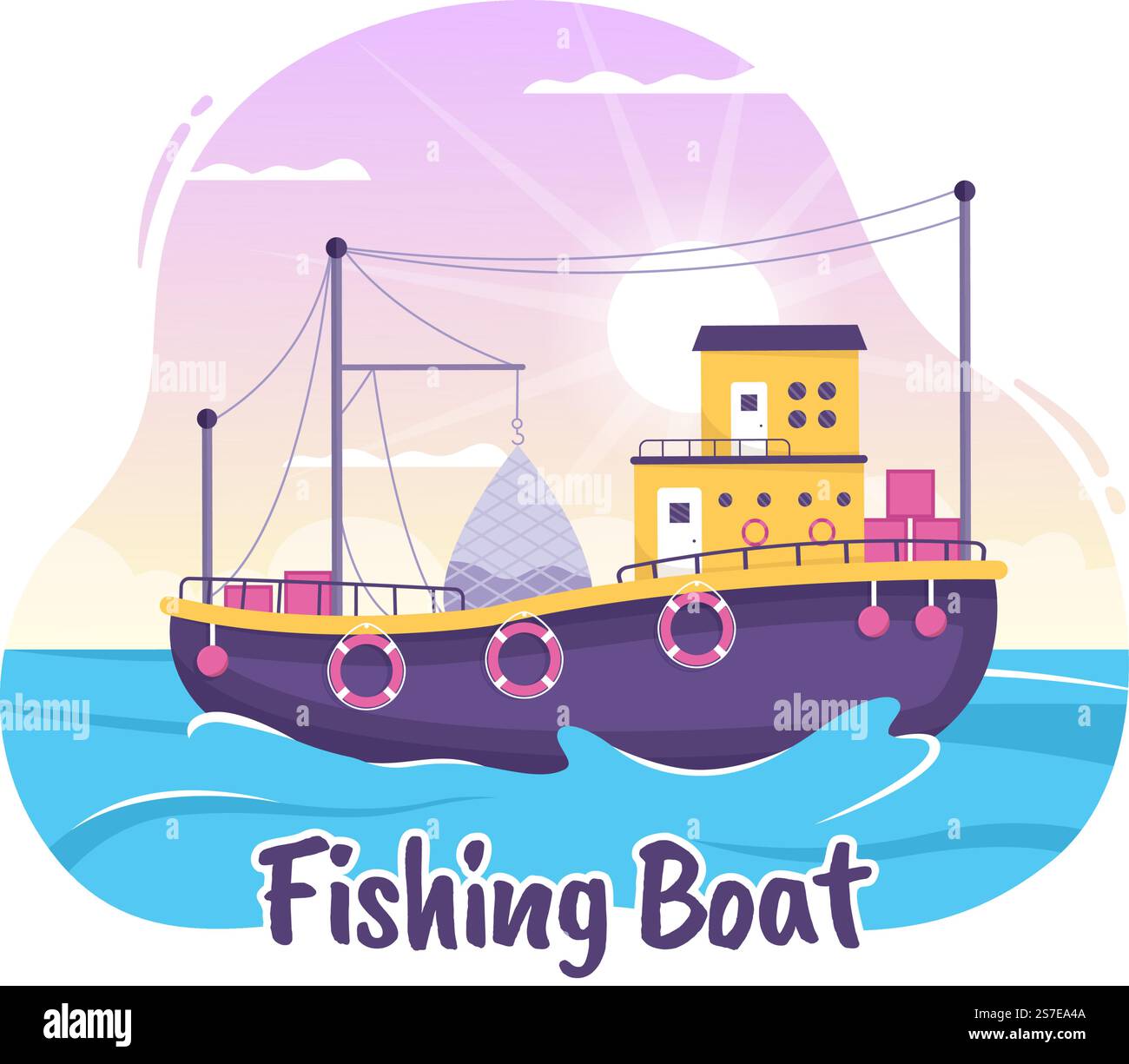 Fishing Boat Illustration with Fishermen Hunting Fish Using Ship for ...