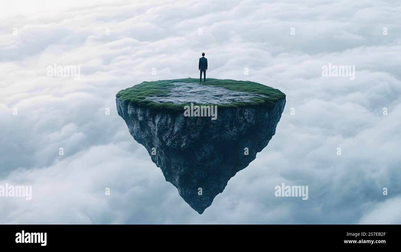 Surreal dreamlike landscape with a solitary figure standing on a ...