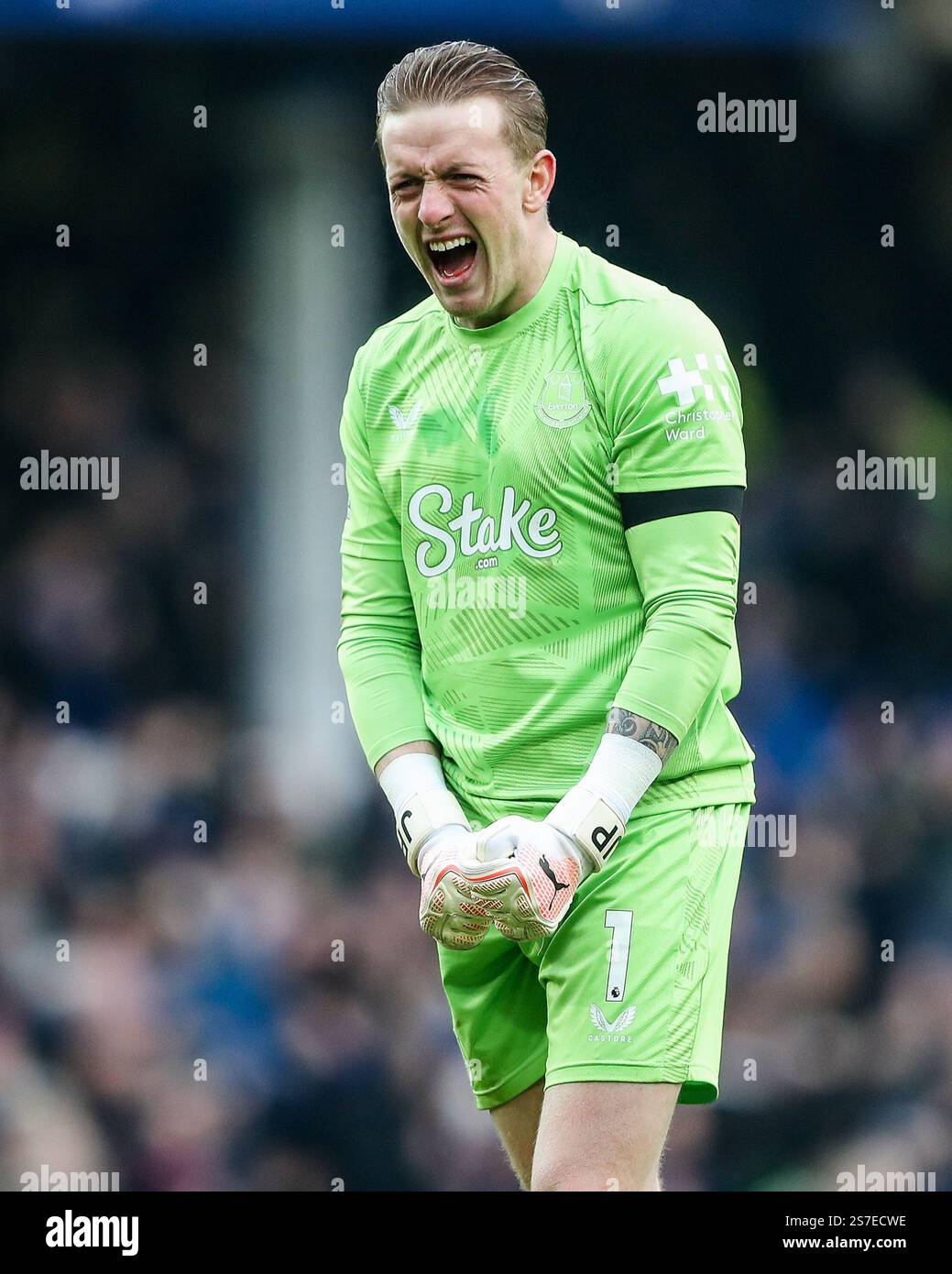 Liverpool UK 19th Jan 2025 Jordan Pickford Of Everton Celebrates 