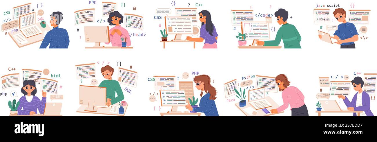Young programmers study and work. Happy woman programmer, professional computer coding geek. Software developer, vector female character working with data. Illustration of programmer with laptop. Young programmers study and work. Happy woman programmer, professional computer coding geek. Software developer, snugly vector female character working with data Stock Vector