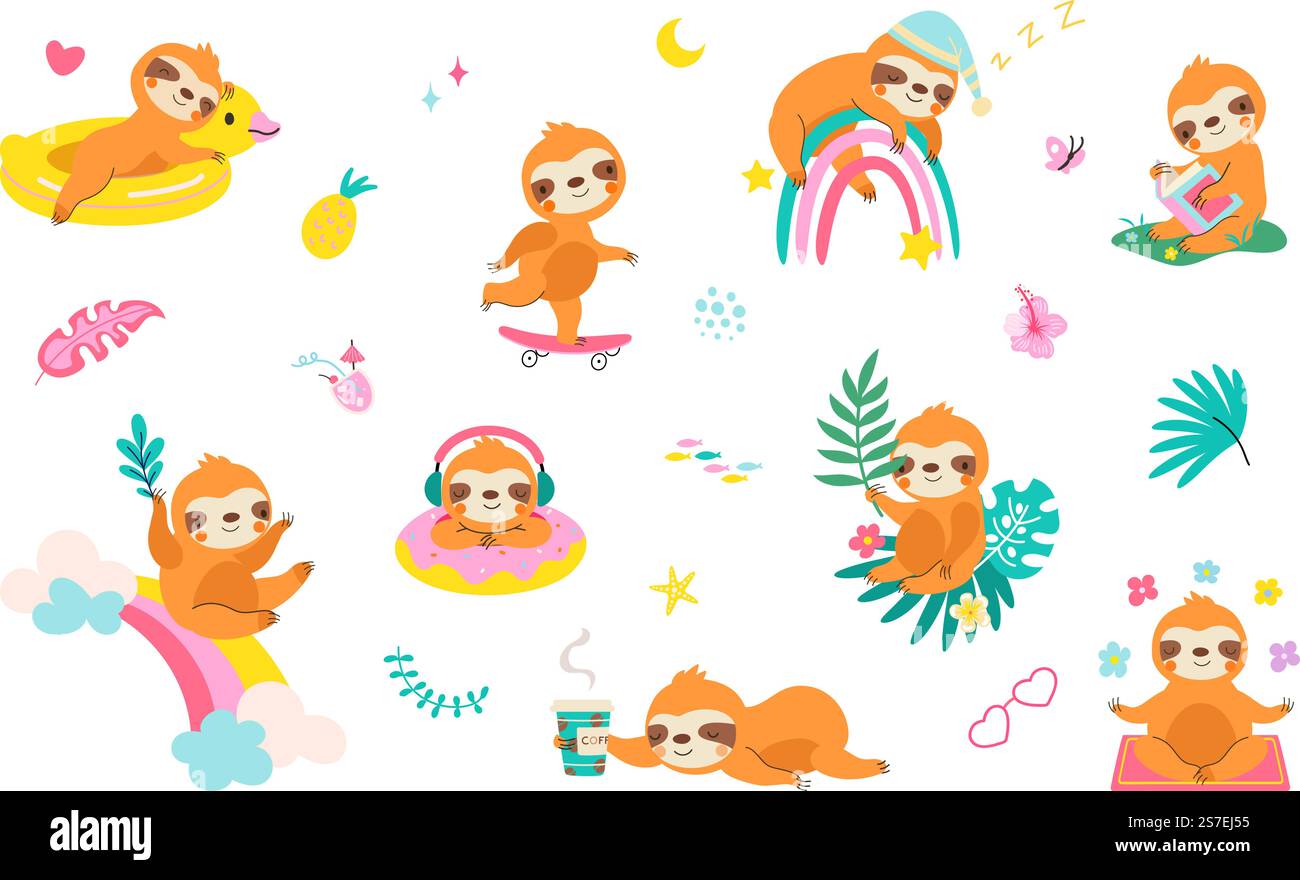 Funny sloth characters swimming and sleep. Cute cartoon sloths, wild ...