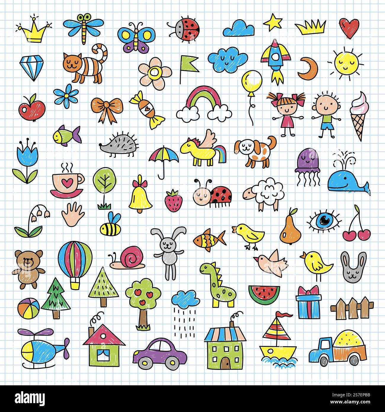 Kids sketches. Pencil doodles funny hand drawn set clouds house animals ...