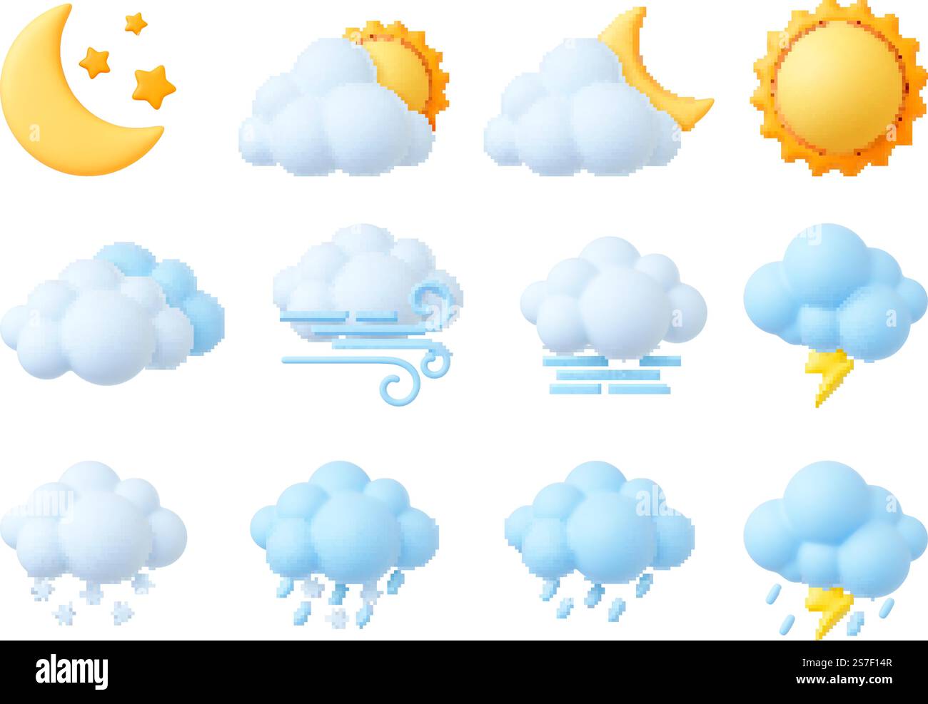Plasticine 3d weather icons, render style sun, cumulus and snowflakes. Trendy fluffy bubbles clouds, wind symbol, raindrops. Pithy isolated vector set of weather meteorology illustration. Plasticine 3d weather icons, render style sun, cumulus and snowflakes. Trendy fluffy bubbles clouds, wind symbol, raindrops. Pithy isolated vector set Stock Vector