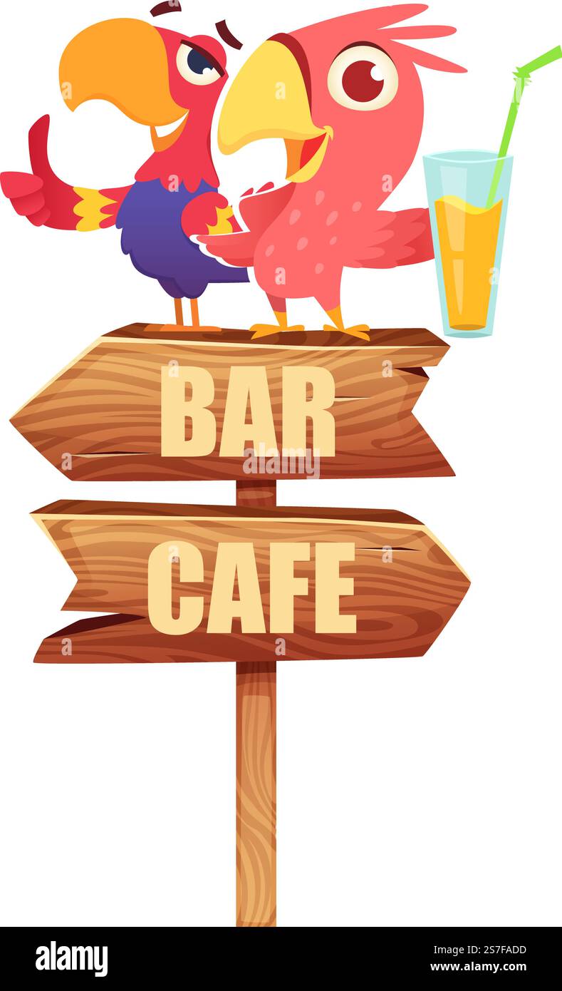 Direction arrows. parrot sitting on wooden boards cafe direction. vector template of parrot creature and panel pointer. Direction arrows. parrot sitting on wooden boards cafe direction. vector template Stock Vector