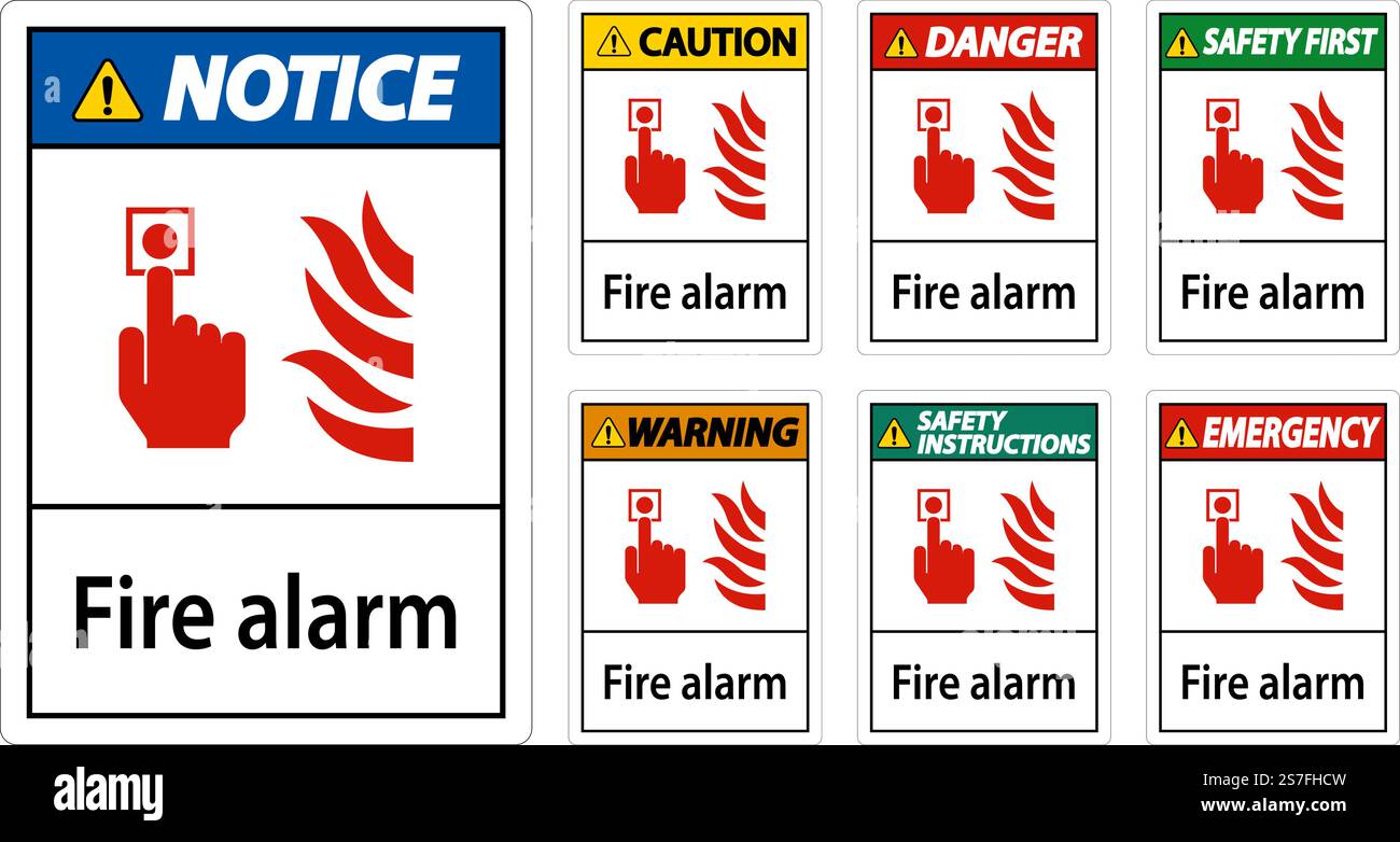 Emergency Fire Alarm Sign On White Background Stock Vector
