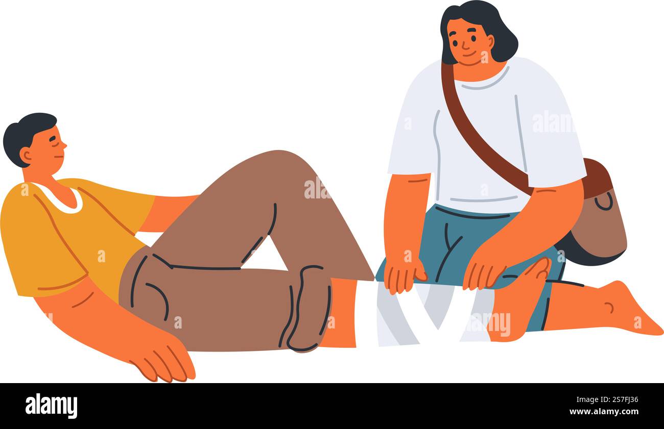 Wounded Knee Vector Female character taking care of injured or wounded knee of personage ...