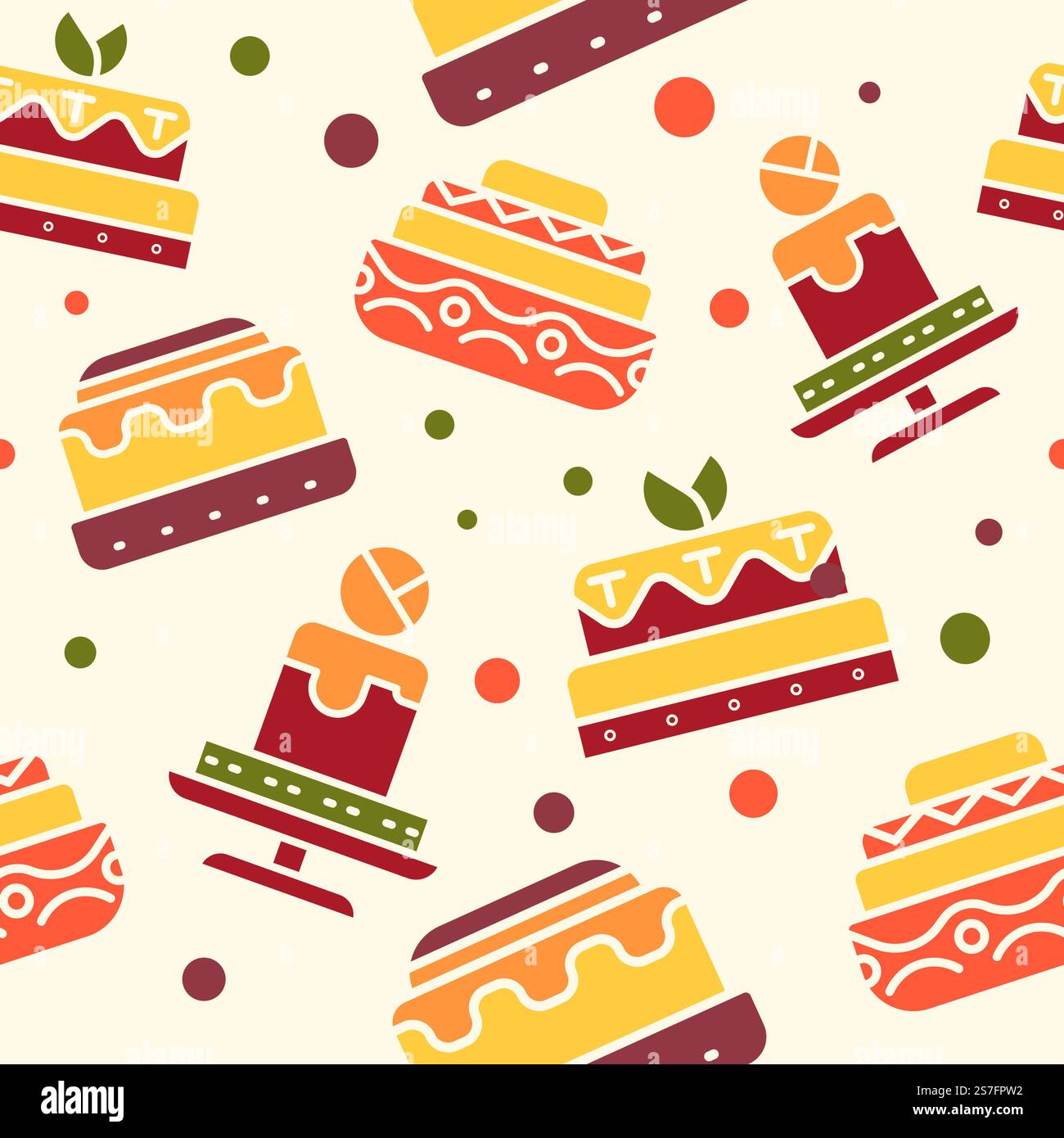 Baked cake with cream and mousse, ornaments and decor. Tasty pastry and confectionery for holiday or birthday celebration. Seamless pattern, print or background. Vector in flat style illustration. Pastry and desserts, home baked cake with frosting Stock Vector