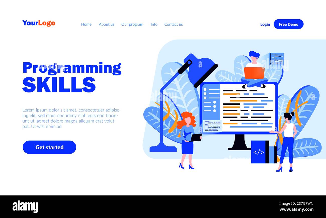 Programming skills vector landing page template with header. Software development web banner, homepage design with flat illustrations. Programmers cartoon characters. Web coding concept Stock Vector
