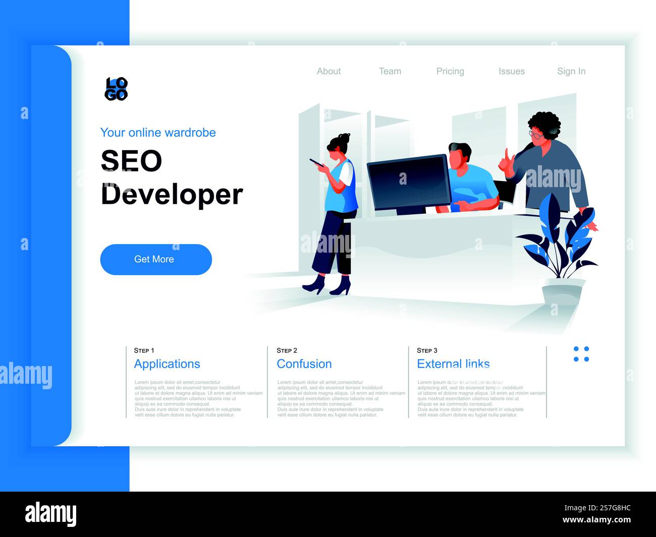 Seo developer isometric landing page. Marketing team working with computer in office situation. Track and analyze website analytics, planning SEO strategy and code optimization perspective flat design Stock Vector