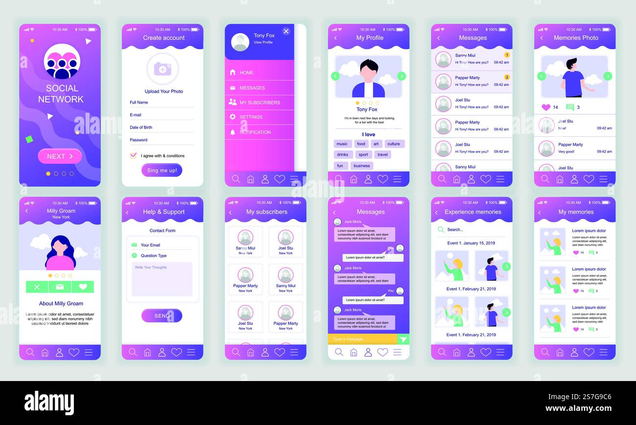 Gui Interface Designs For App Development Set of UI, UX, GUI screens Social Network app flat design template for ...