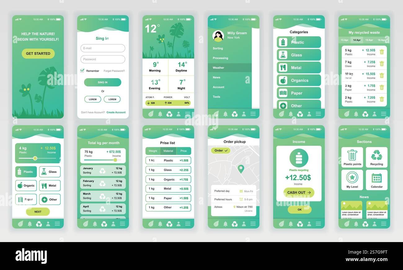 Set of UI, UX, GUI screens Ecology app flat design template for mobile ...