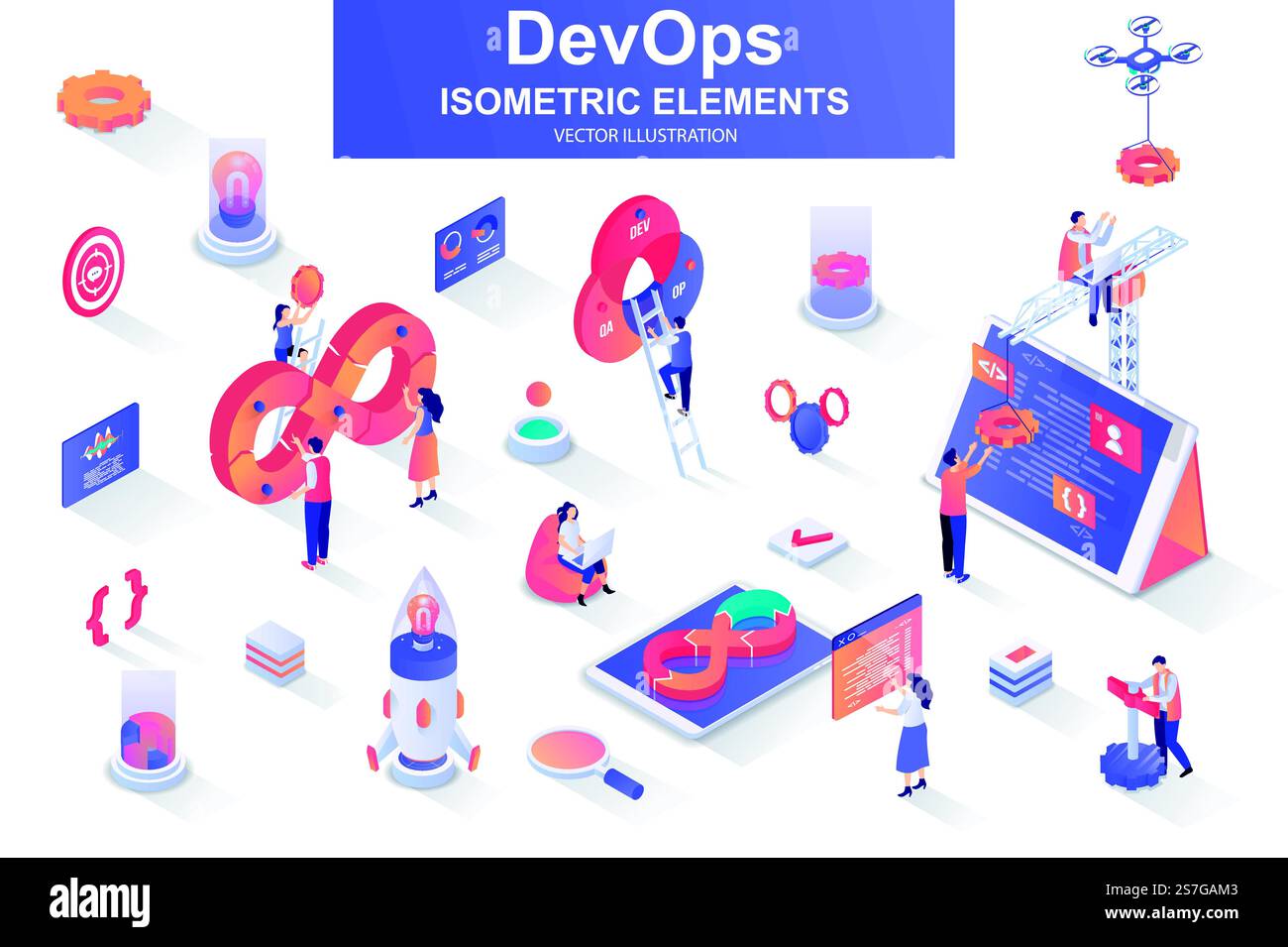 DevOps bundle of isometric elements. Startup launch, software ...