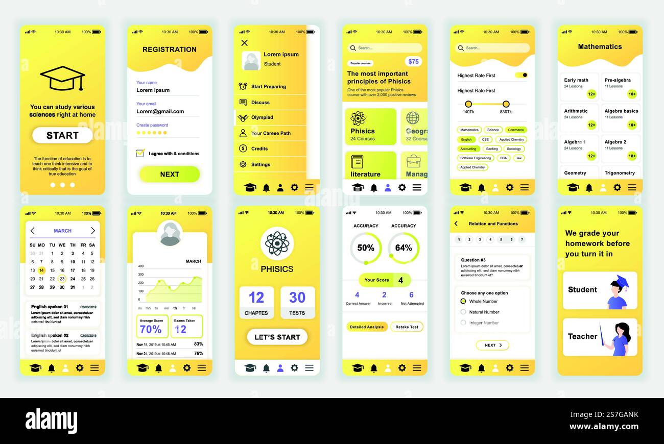 Set of UI, UX, GUI screens Education app flat design template for ...