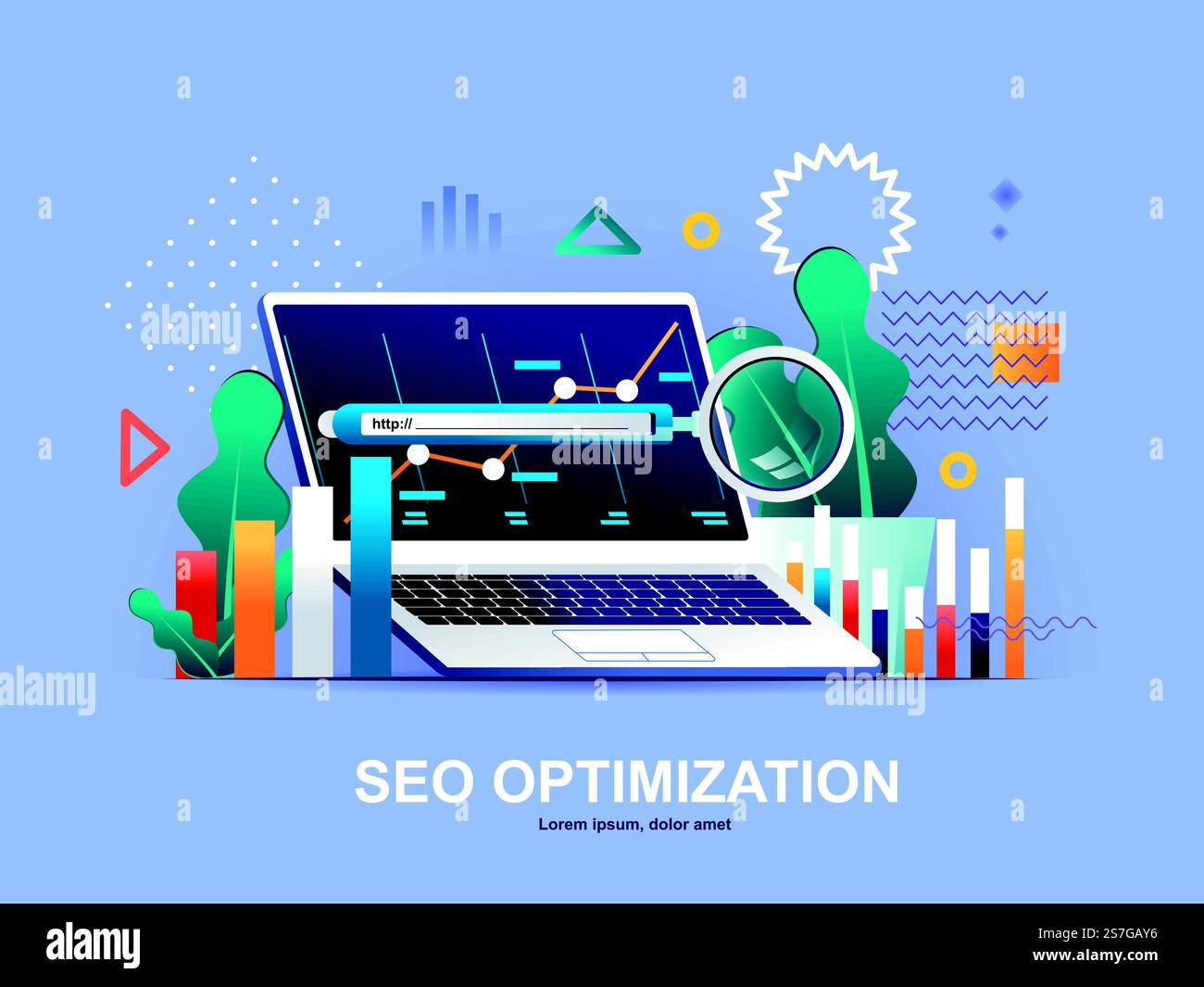 SEO optimization flat concept with gradients. Internet analytics, online research software and tools template. Website content optimization for relevant searches 3d composition, vector illustration.. SEO optimization flat concept with gradients. Stock Vector