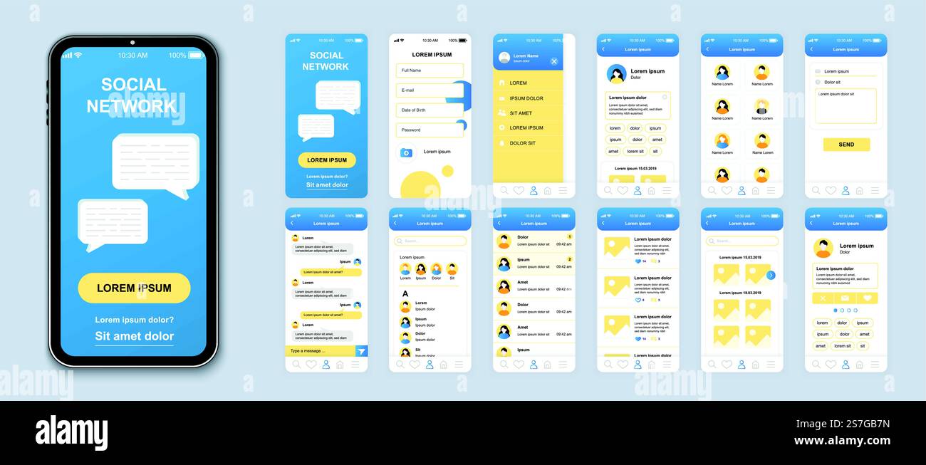 Social network mobile app interface design vector templates set. Online ...
