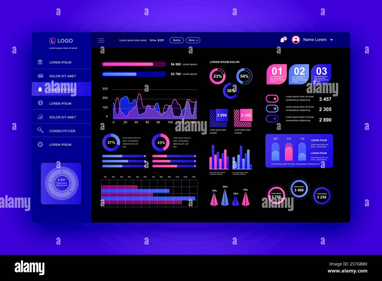 Dashboard UI. Admin panel vector design template with infographic ...