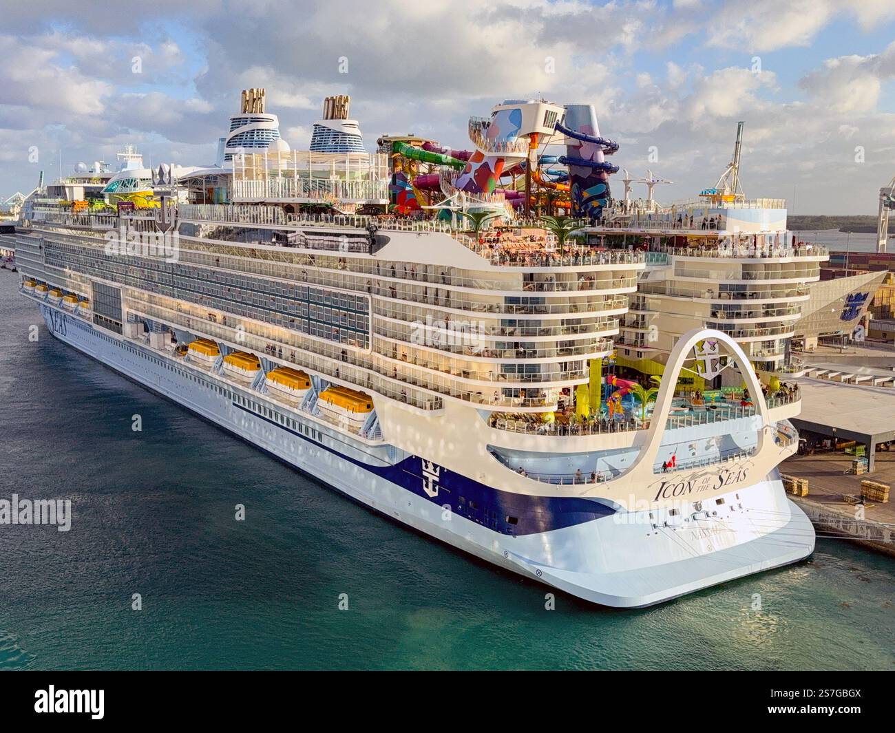 Miami, Florida, USA - 4 January 2025: Rear view of the world's biggest cruise ship, the Icon of the Seas. The ship is operated by RCI, Royal Caribbean - Smartphone Captured Stock Image